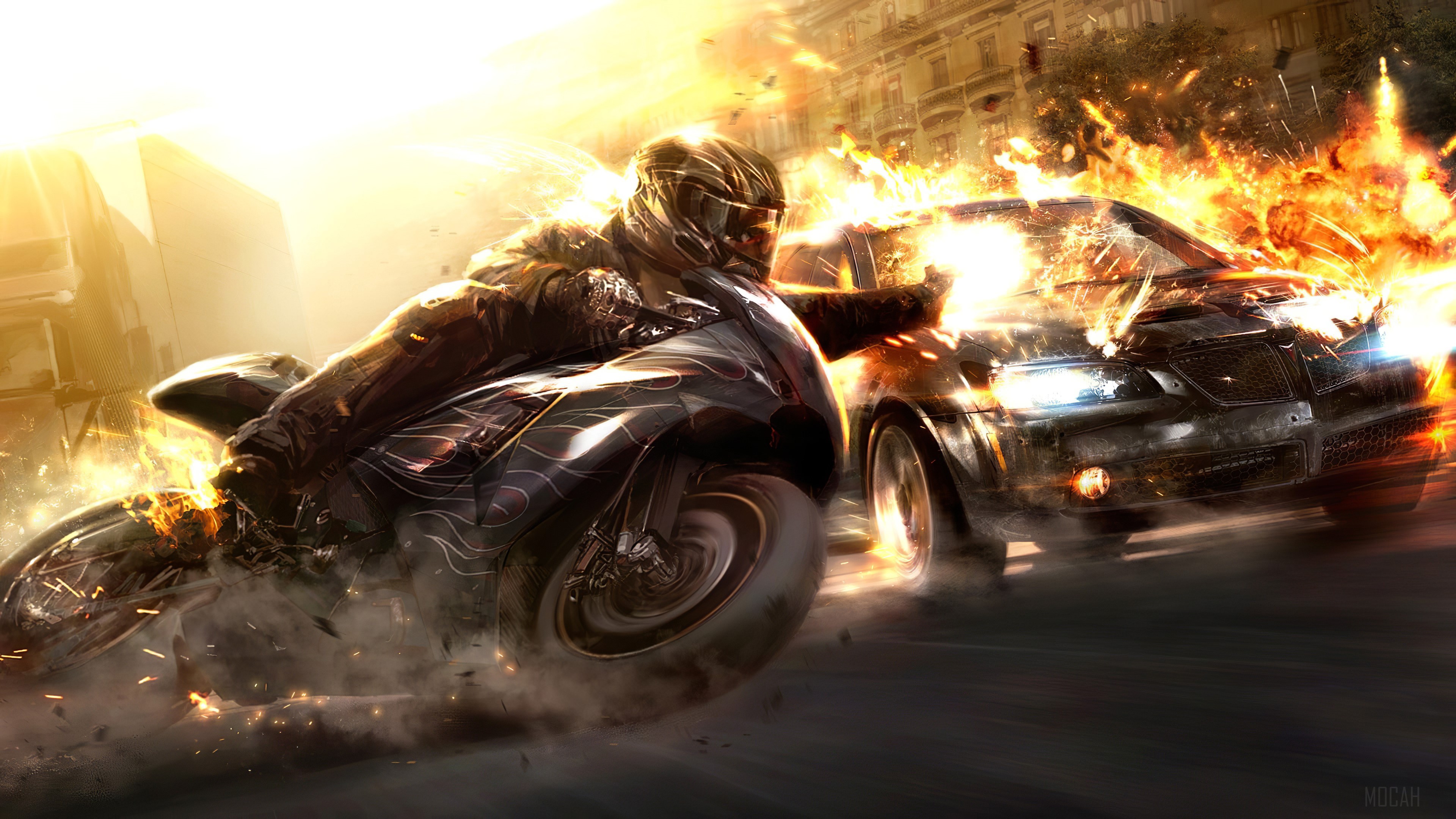 Motorcyclist in a car chase explosion 4K HD Wallpaper