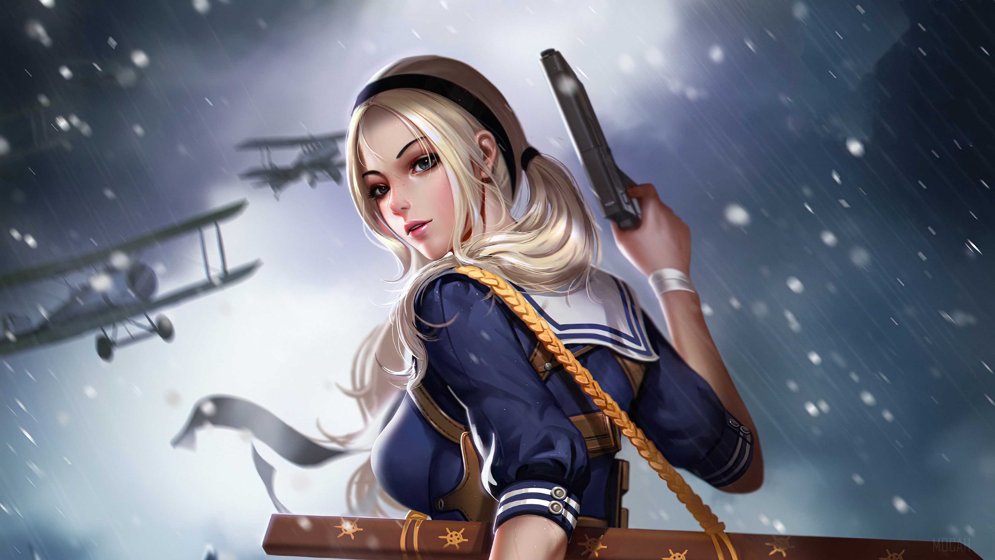 Girl with gun and biplanes in snow 4K HD Wallpaper