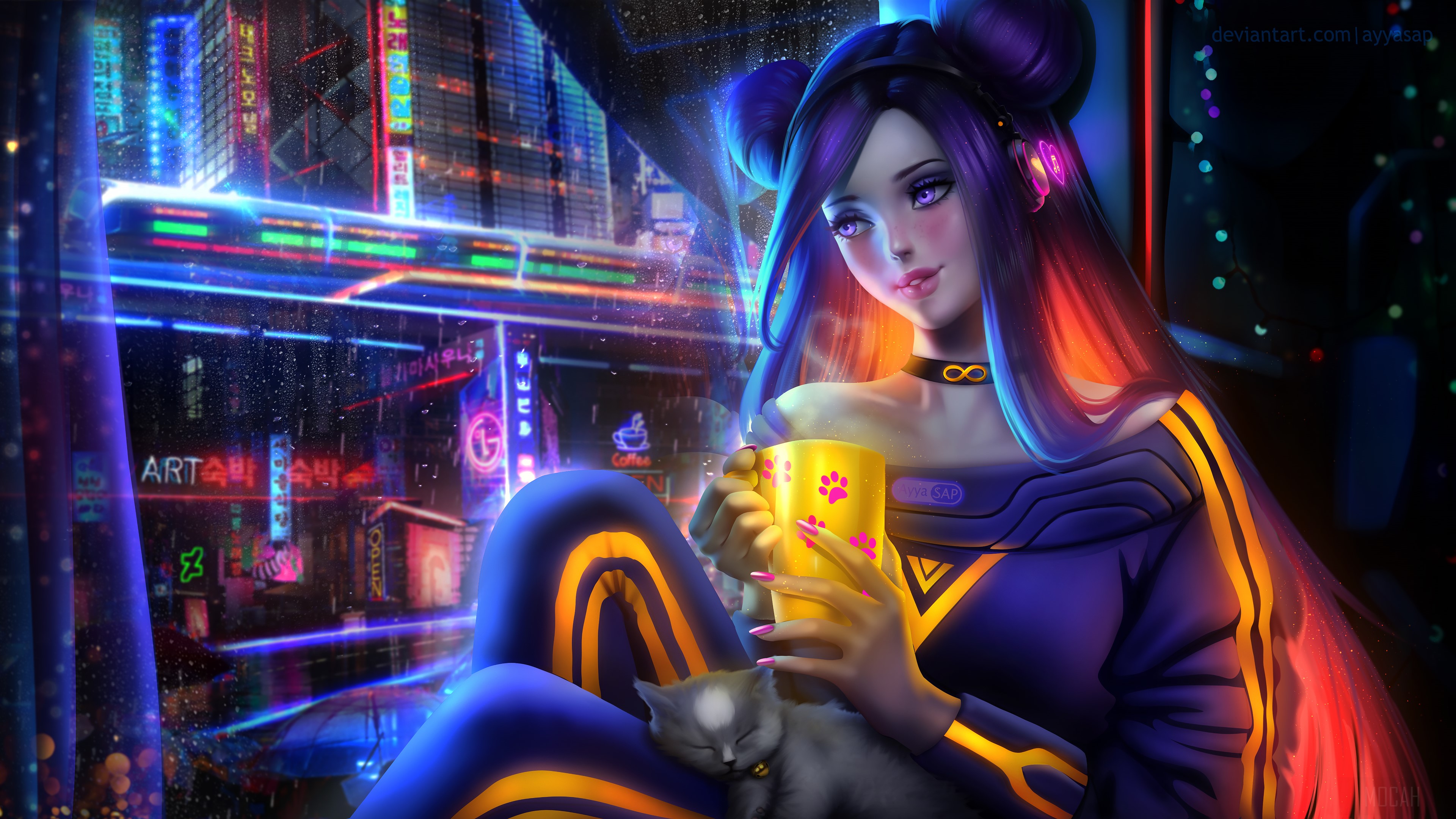Cozy Nights with Coffee in Neon City 4K HD Wallpaper