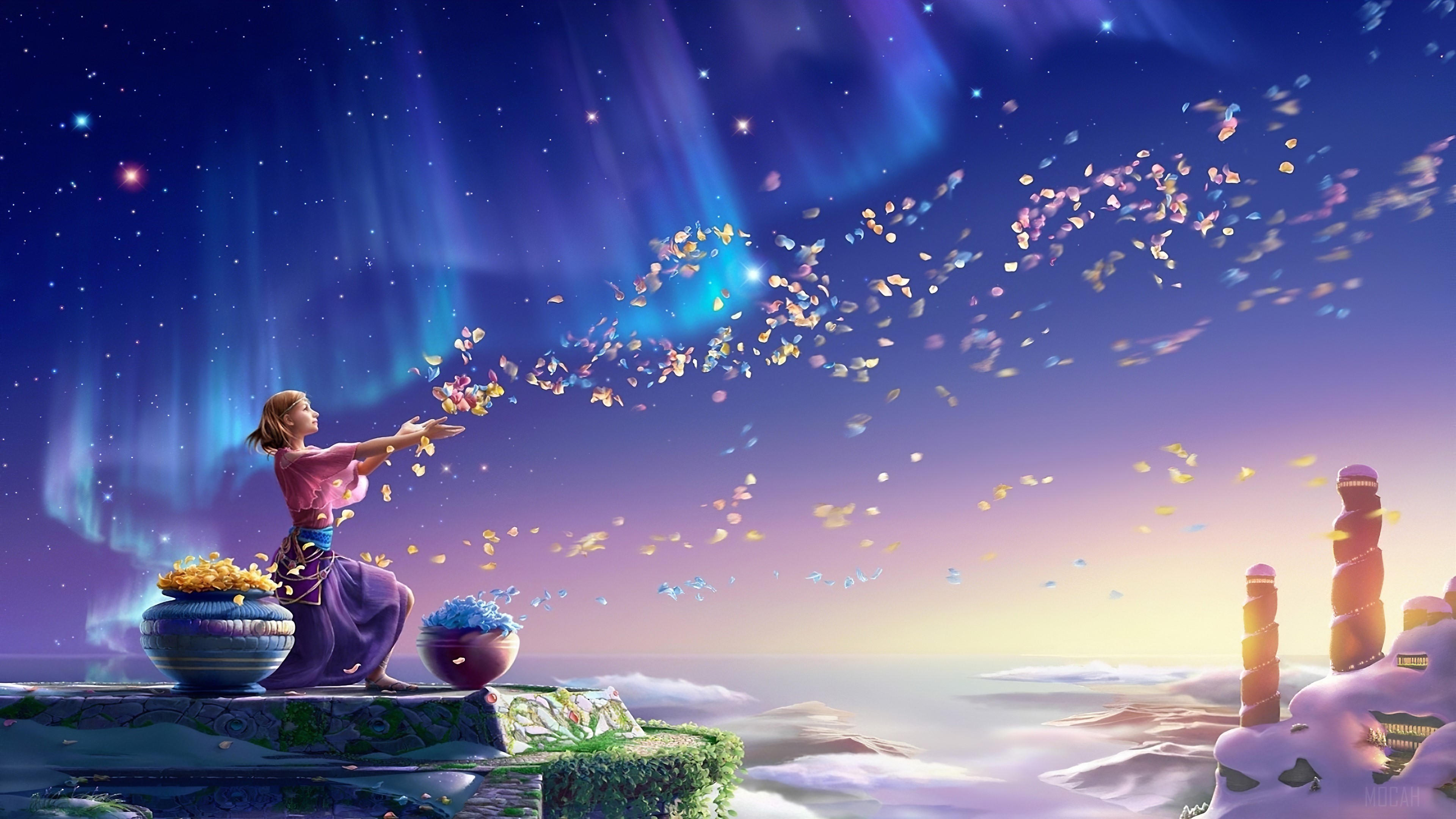 Girl Throwing Magical Flowers HD Wallpaper