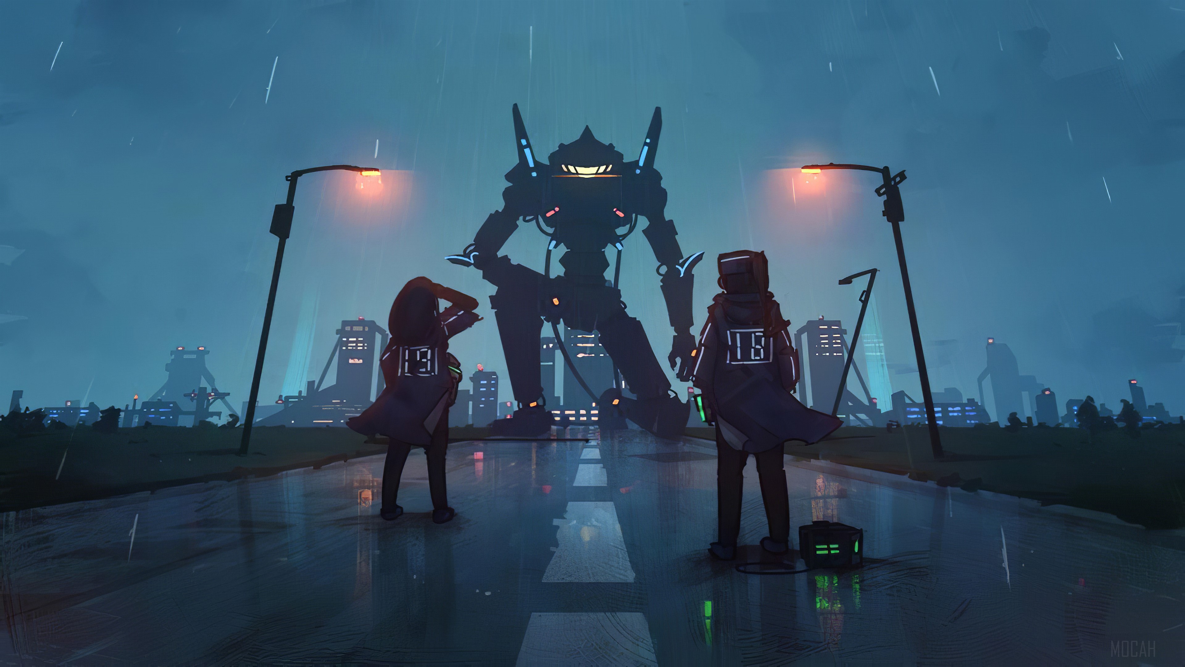 Giant Robot and two figures in a city at night HD Wallpaper