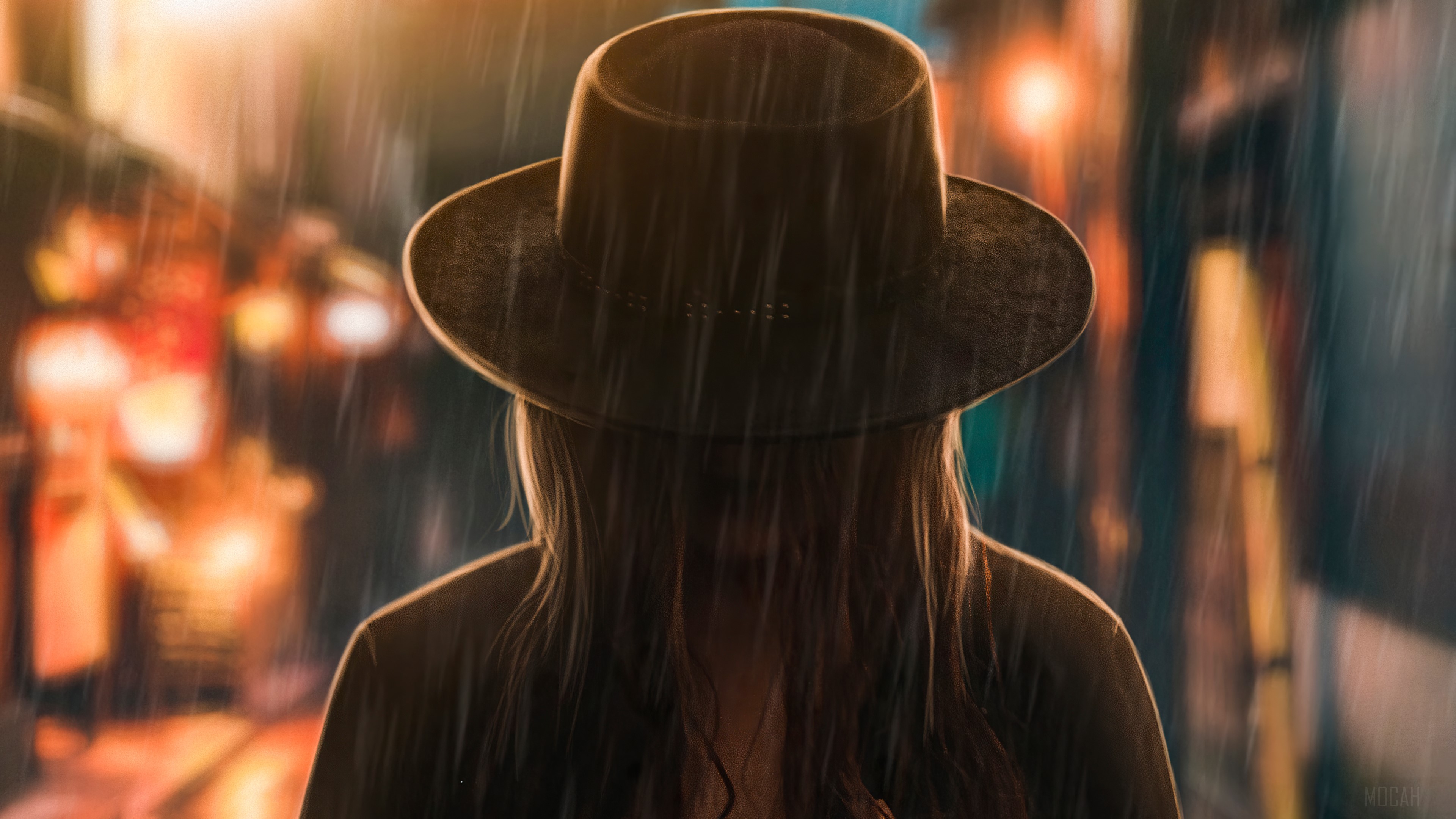 Person in Hat in Rain HD Wallpaper