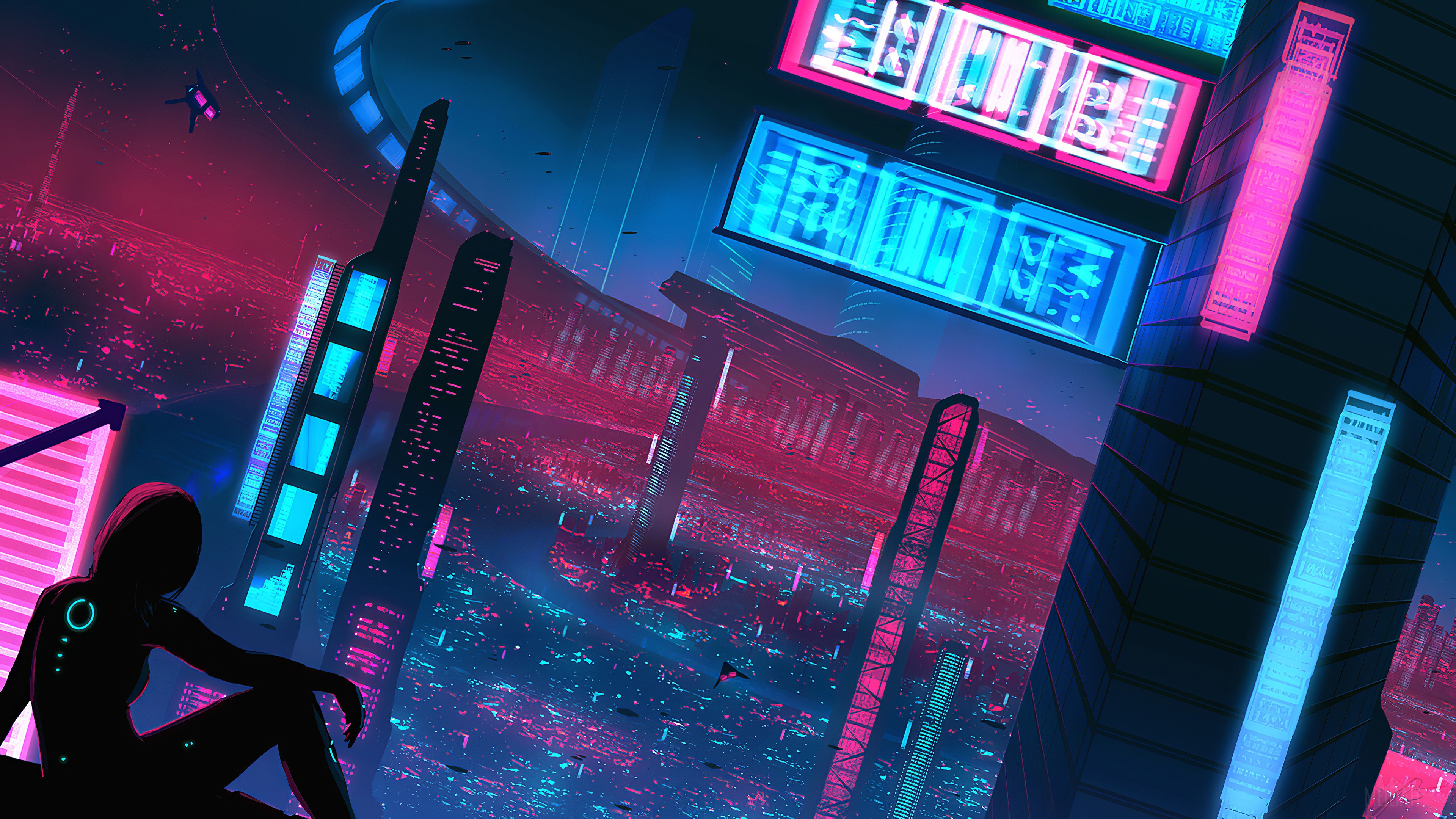 Cyberpunk Cityscape with Silhouette HD Wallpaper