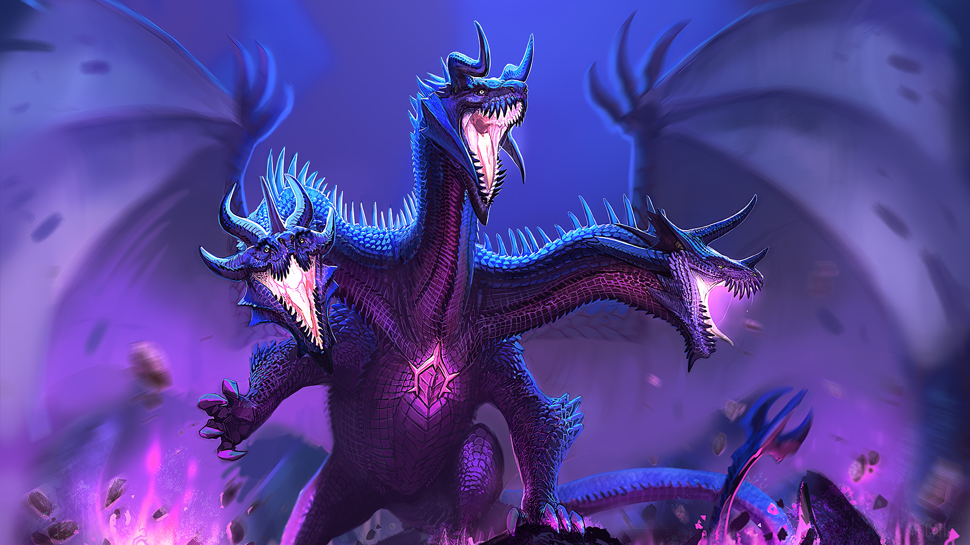 Three-headed blue dragon with glowing chest 4K HD Wallpaper