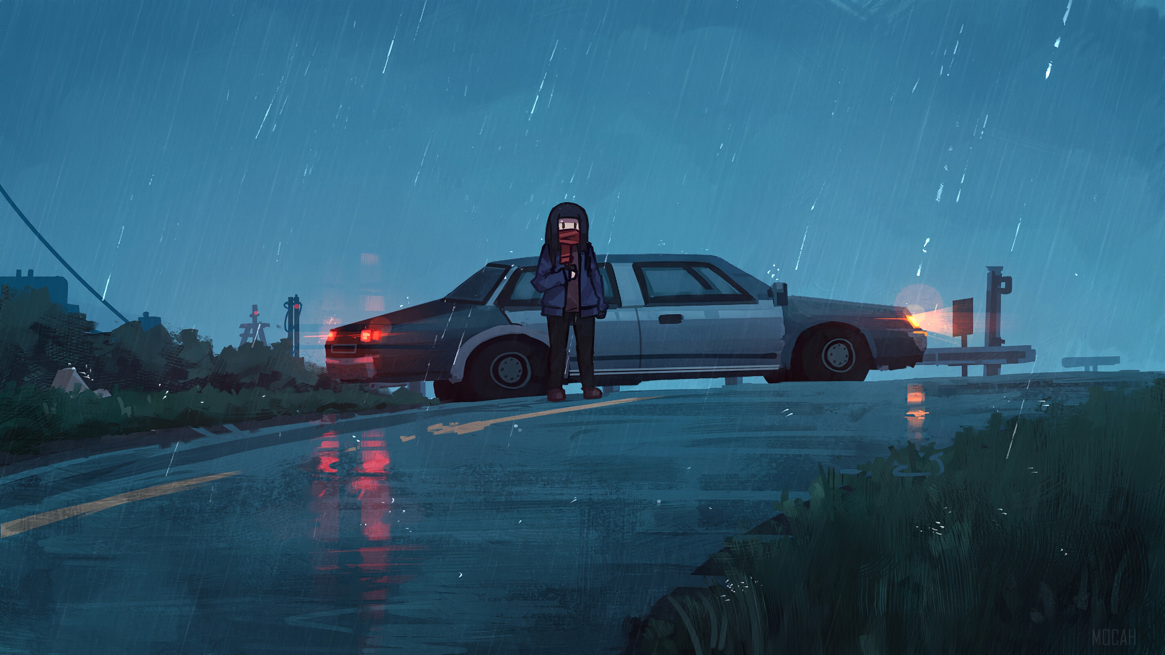 Person standing by a broken-down car in the rain HD Wallpaper