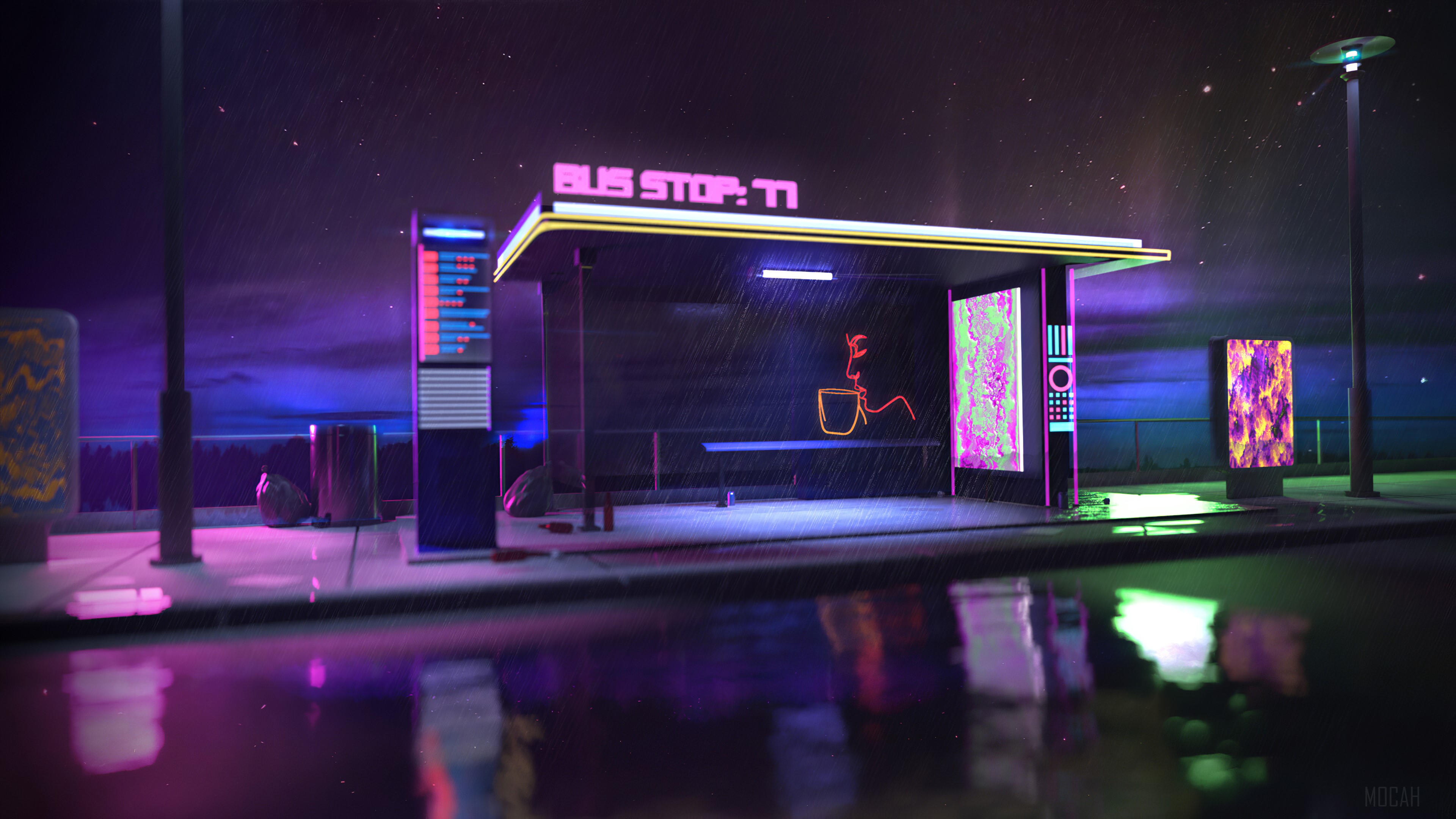 Cyberpunk Bus Stop 4K HD Wallpaper