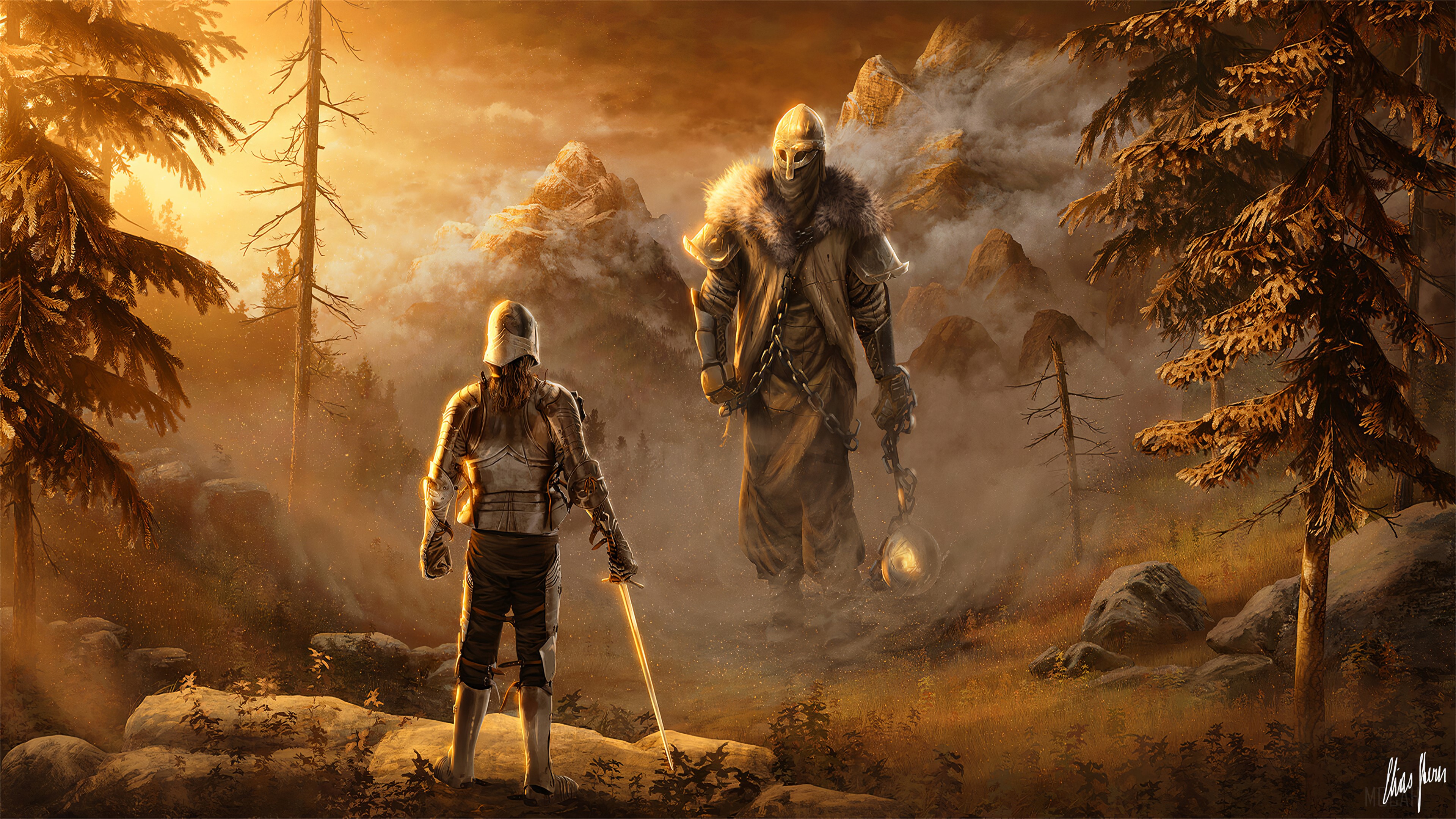 Knight Facing a Giant in a Forest HD Wallpaper