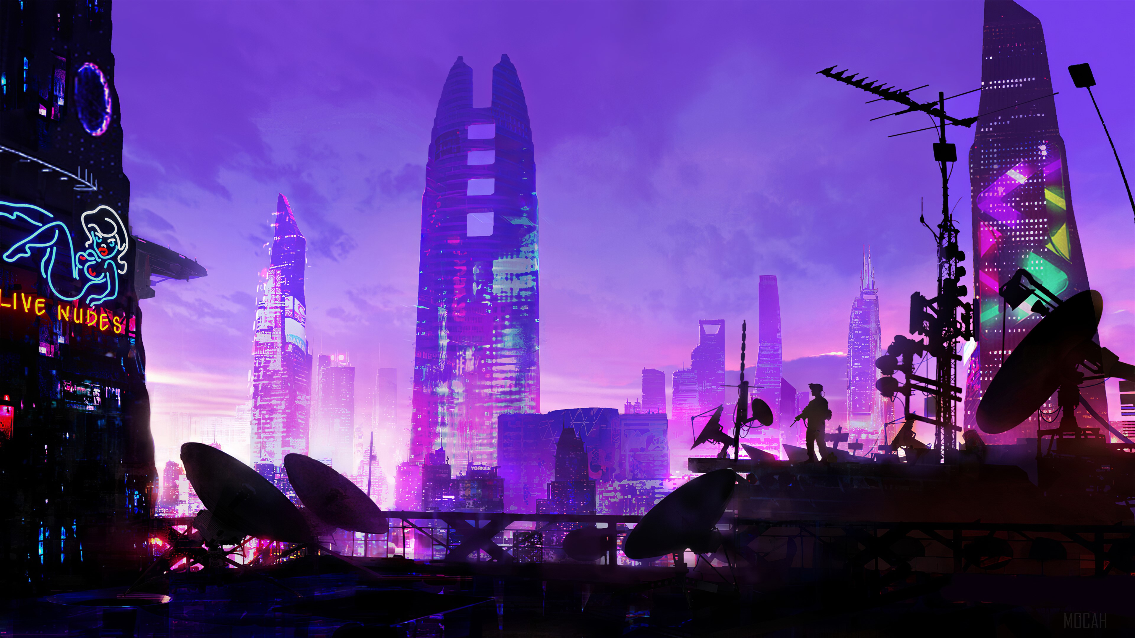 Cyberpunk city skyline with neon signs and skyscrapers 4K HD Wallpaper