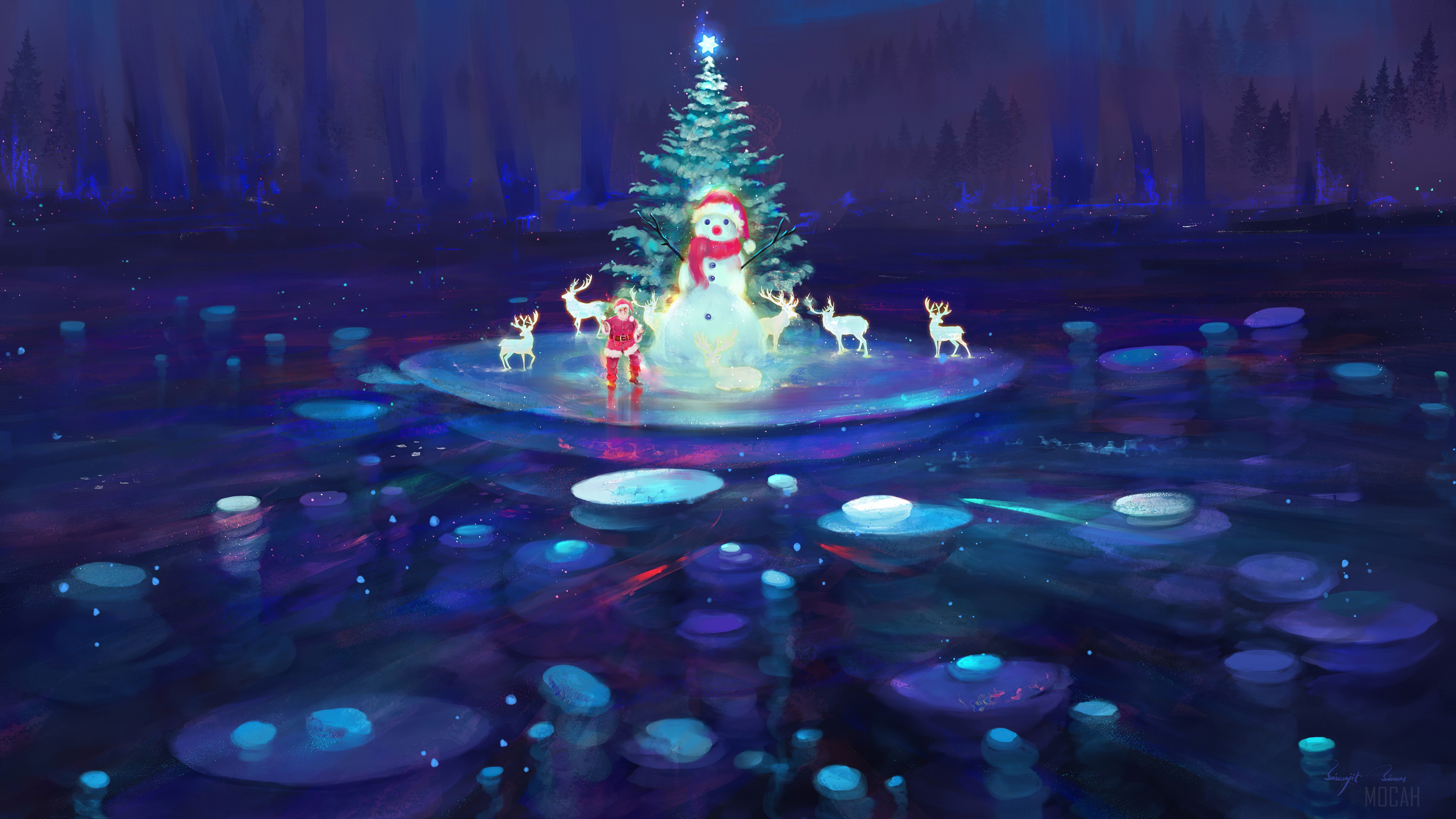 Christmas scene with snowman, Christmas tree, and reindeer HD Wallpaper