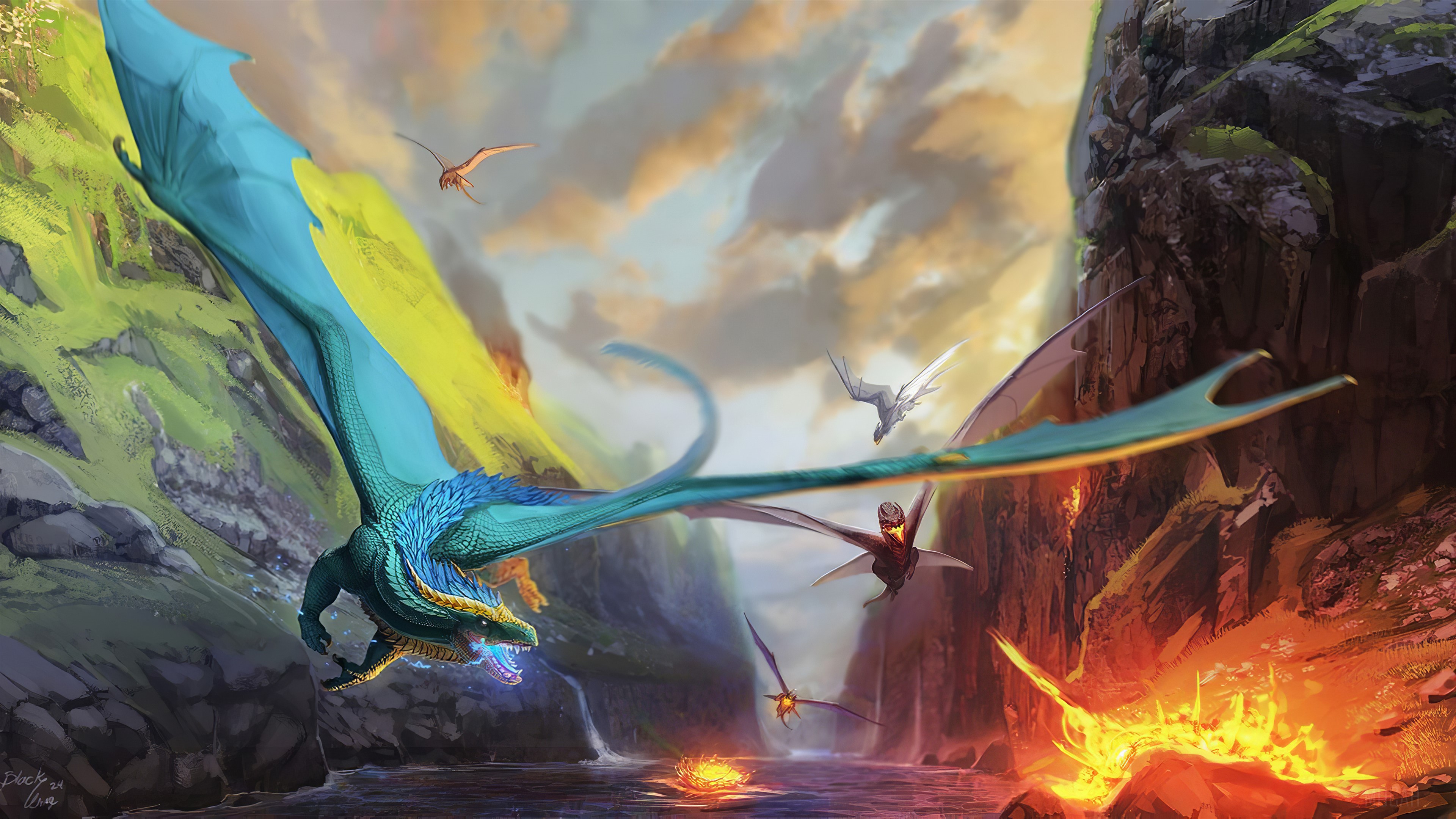 Dragons flying over a river with lava and mountains HD Wallpaper