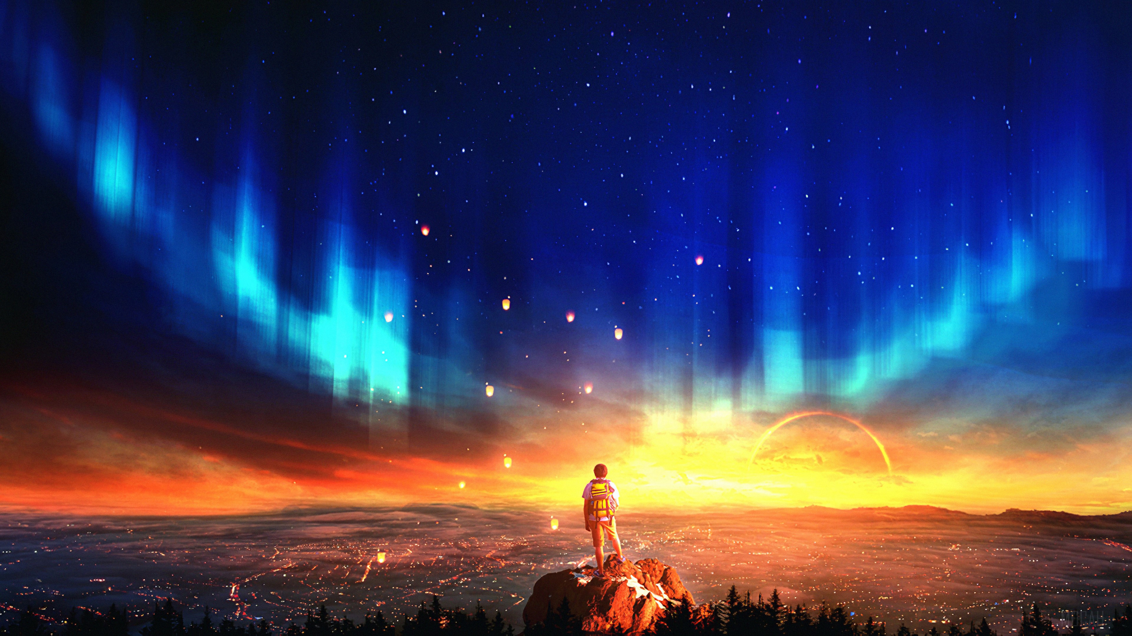Person on mountain watching aurora and lanterns HD Wallpaper