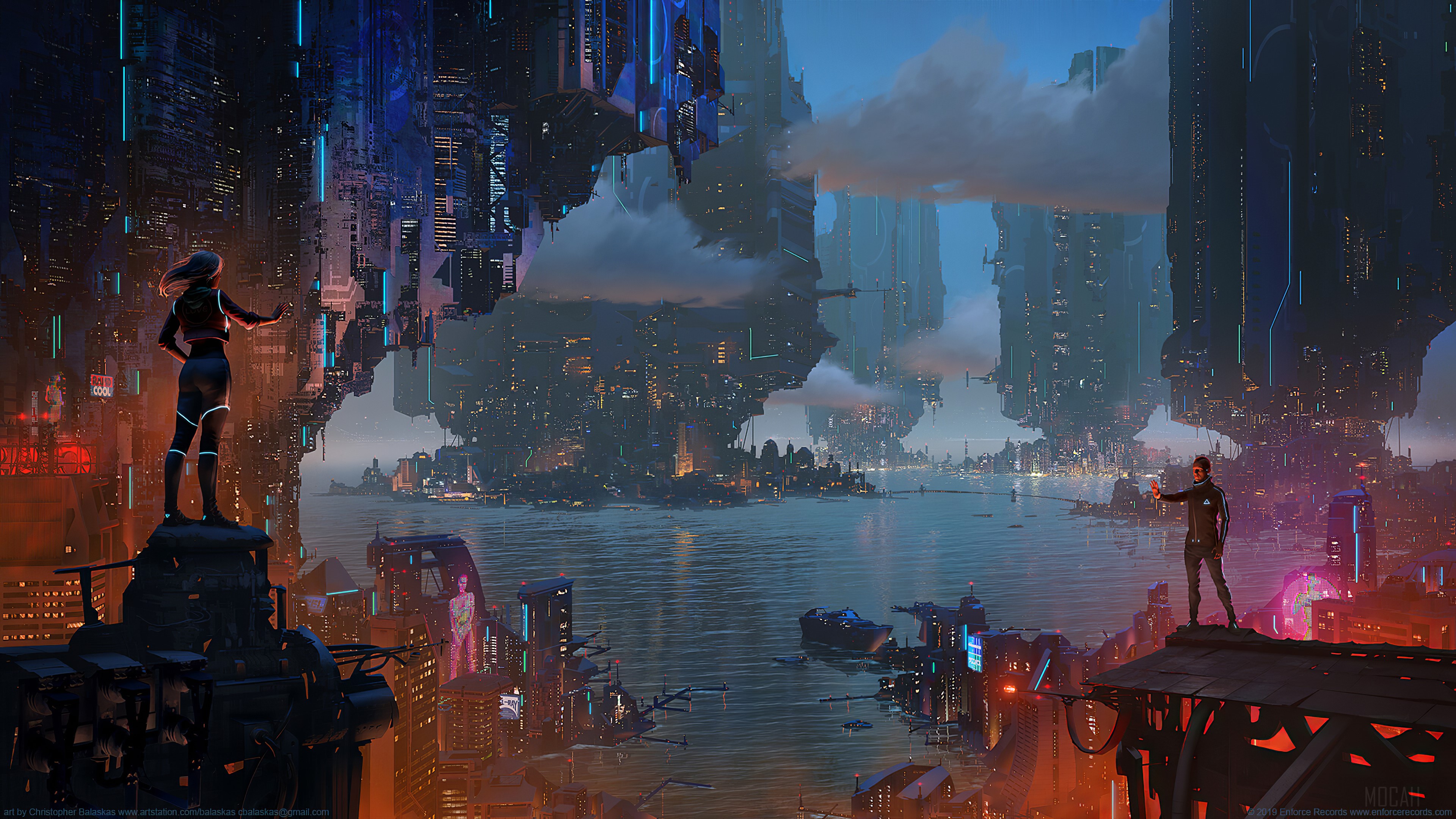 Futuristic Cityscape with Two Figures HD Wallpaper