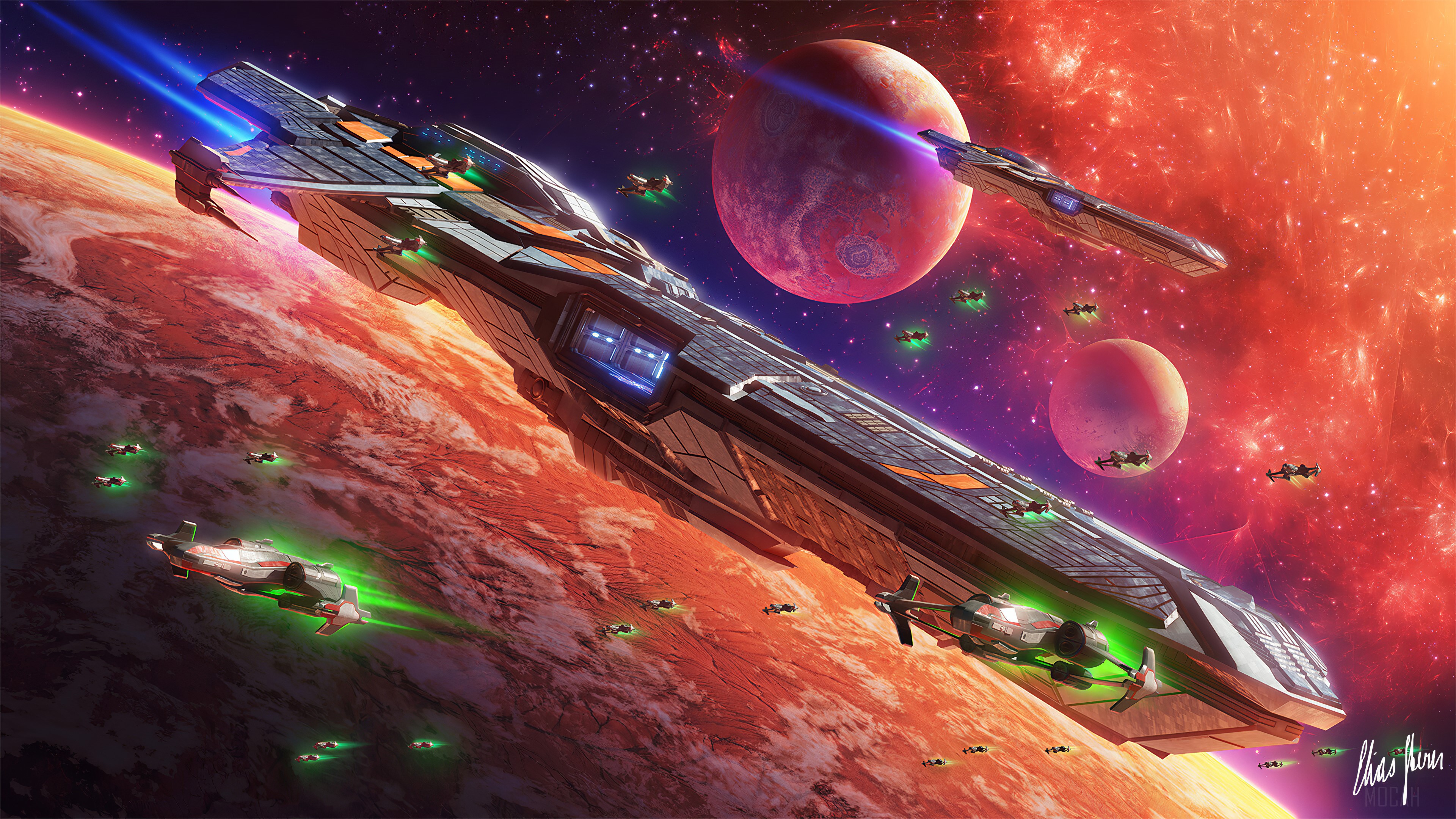 Space Fleet with Planets and Nebula 4K HD Wallpaper