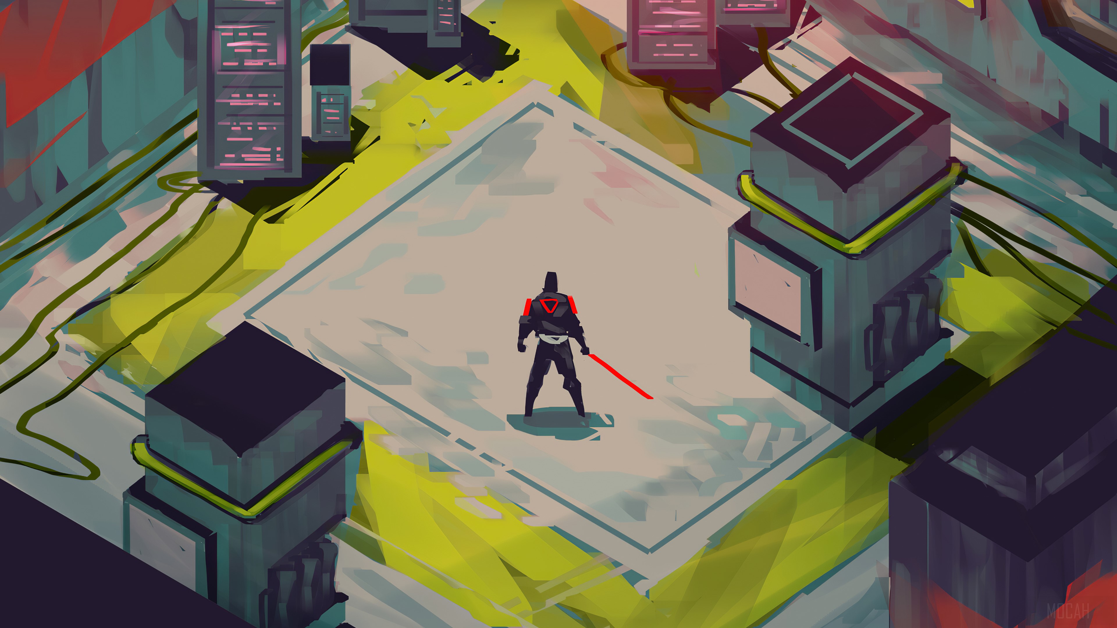 Character with red lightsaber in futuristic city HD Wallpaper
