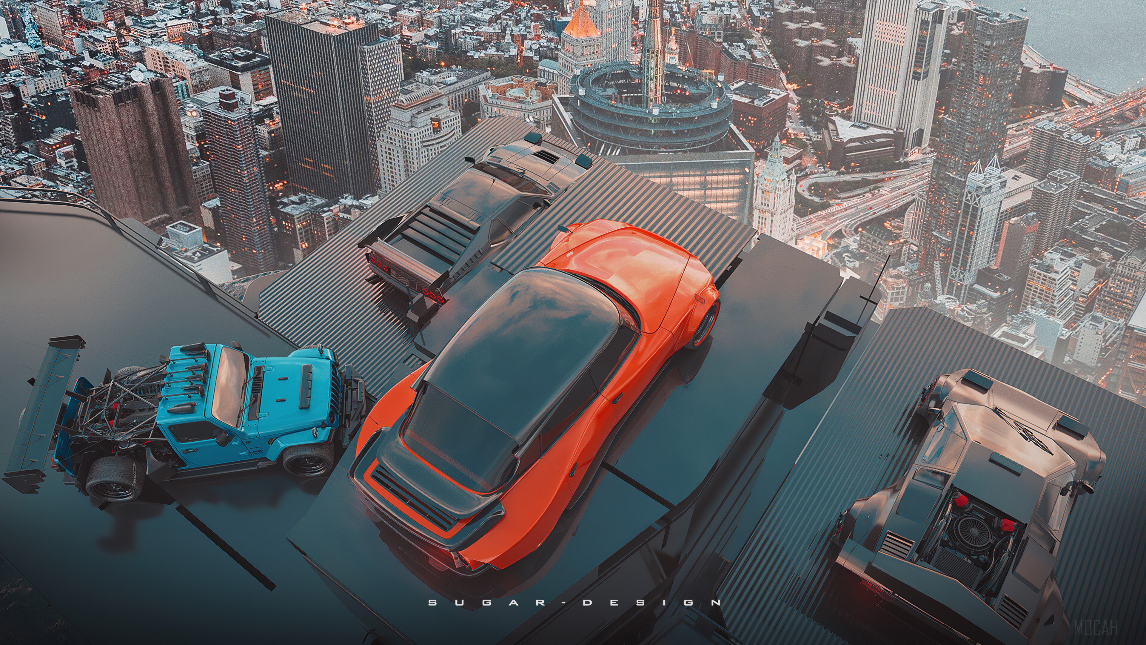 Cars on a skyscraper rooftop overlooking a city skyline HD Wallpaper