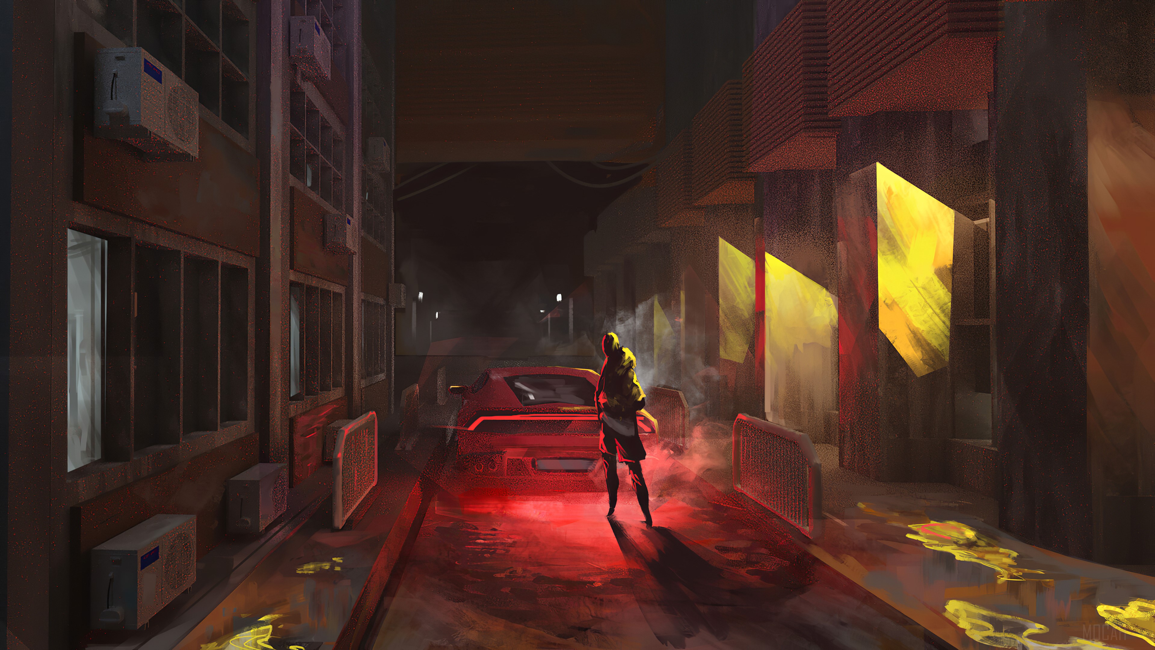 Person standing by a red car in a dark alley at night HD Wallpaper