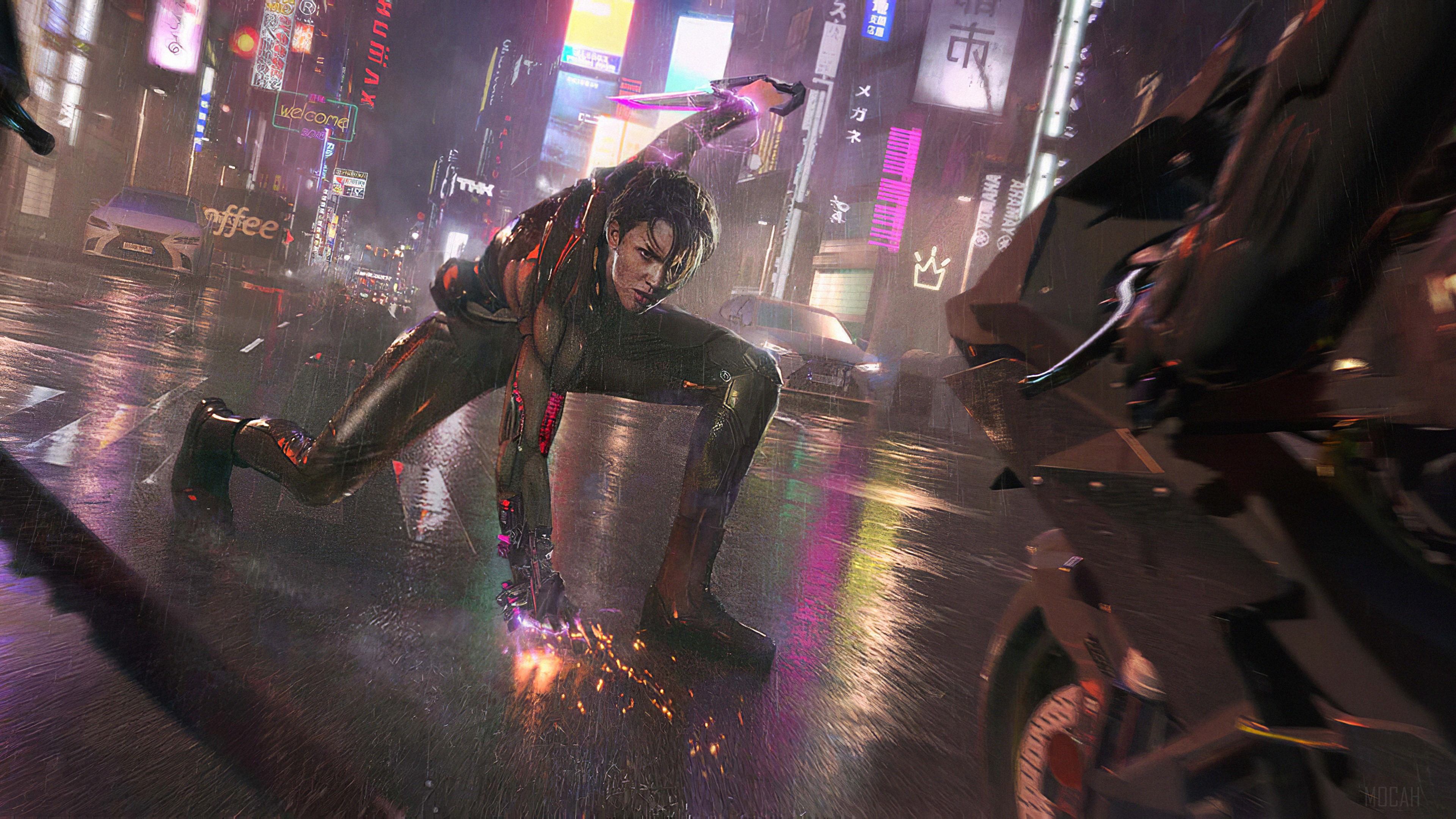 Cyberpunk character with knife in rainy city 4K HD Wallpaper
