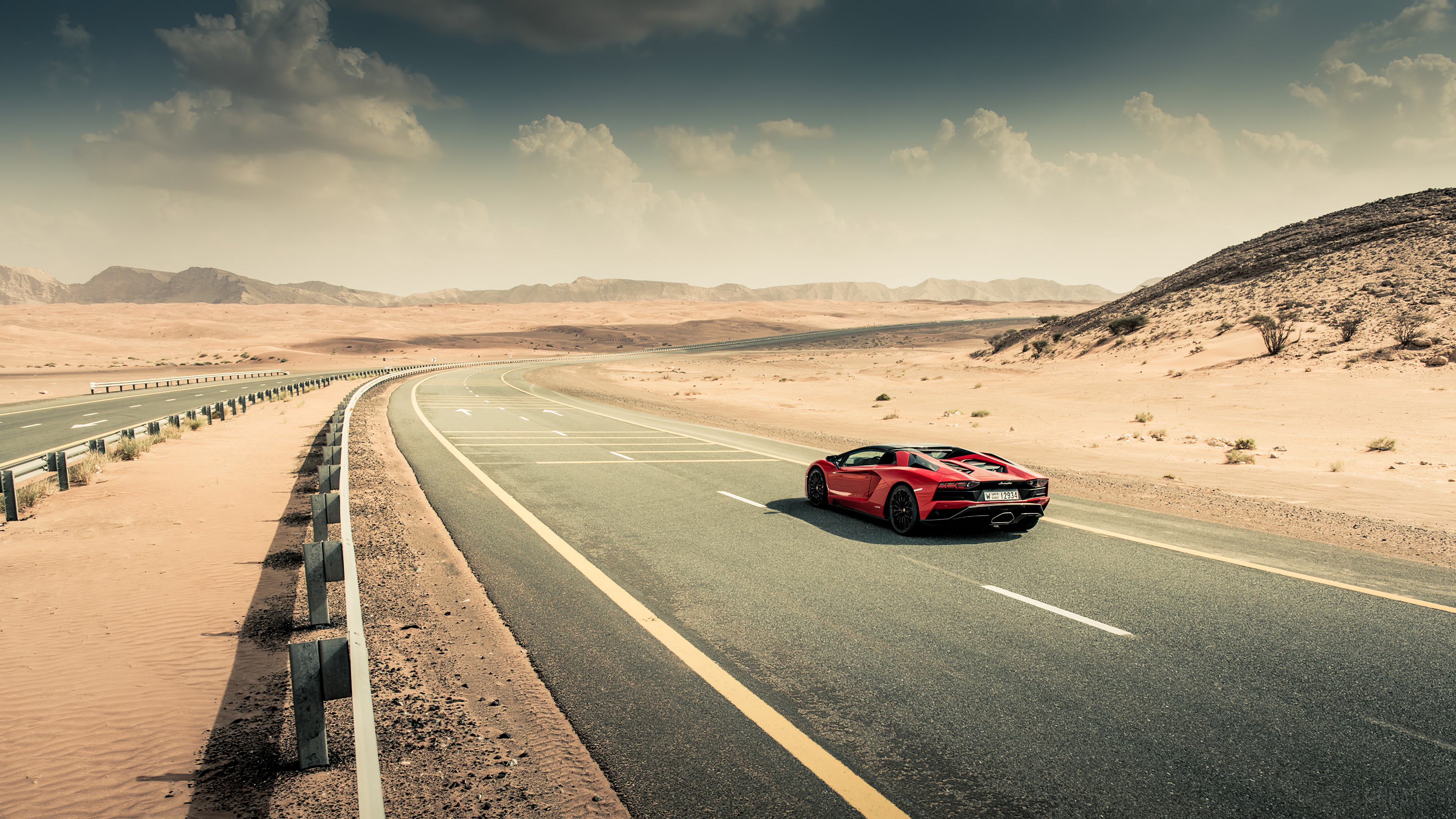 Red Lamborghini Aventador S Roadster on Desert Road 4K HD Wallpaper