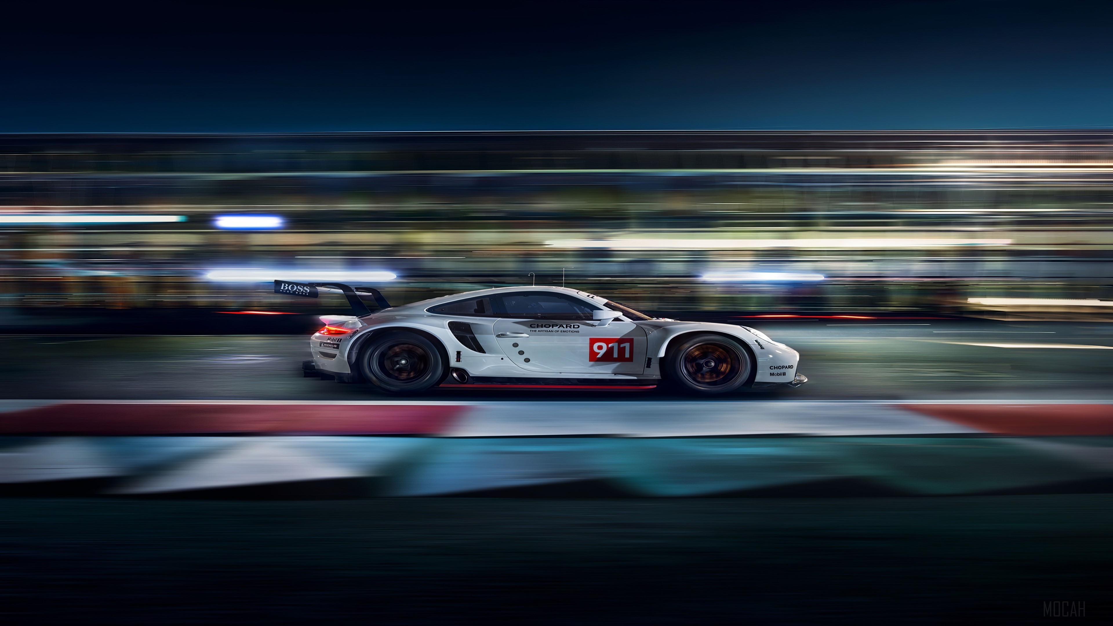 Porsche 911 RSR race car on track at night HD Wallpaper