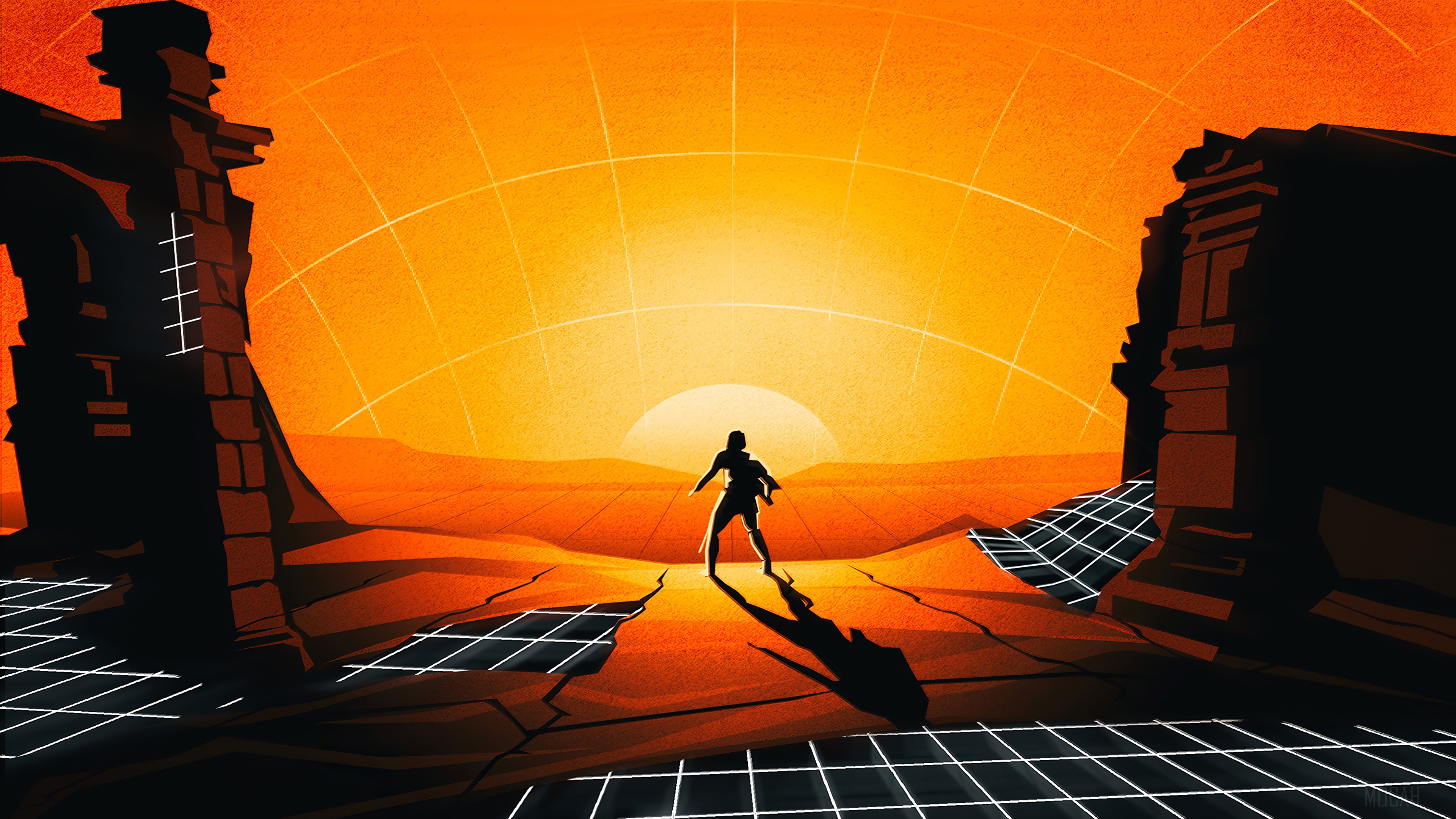 Man standing in a ruined digital landscape with a sunset HD Wallpaper