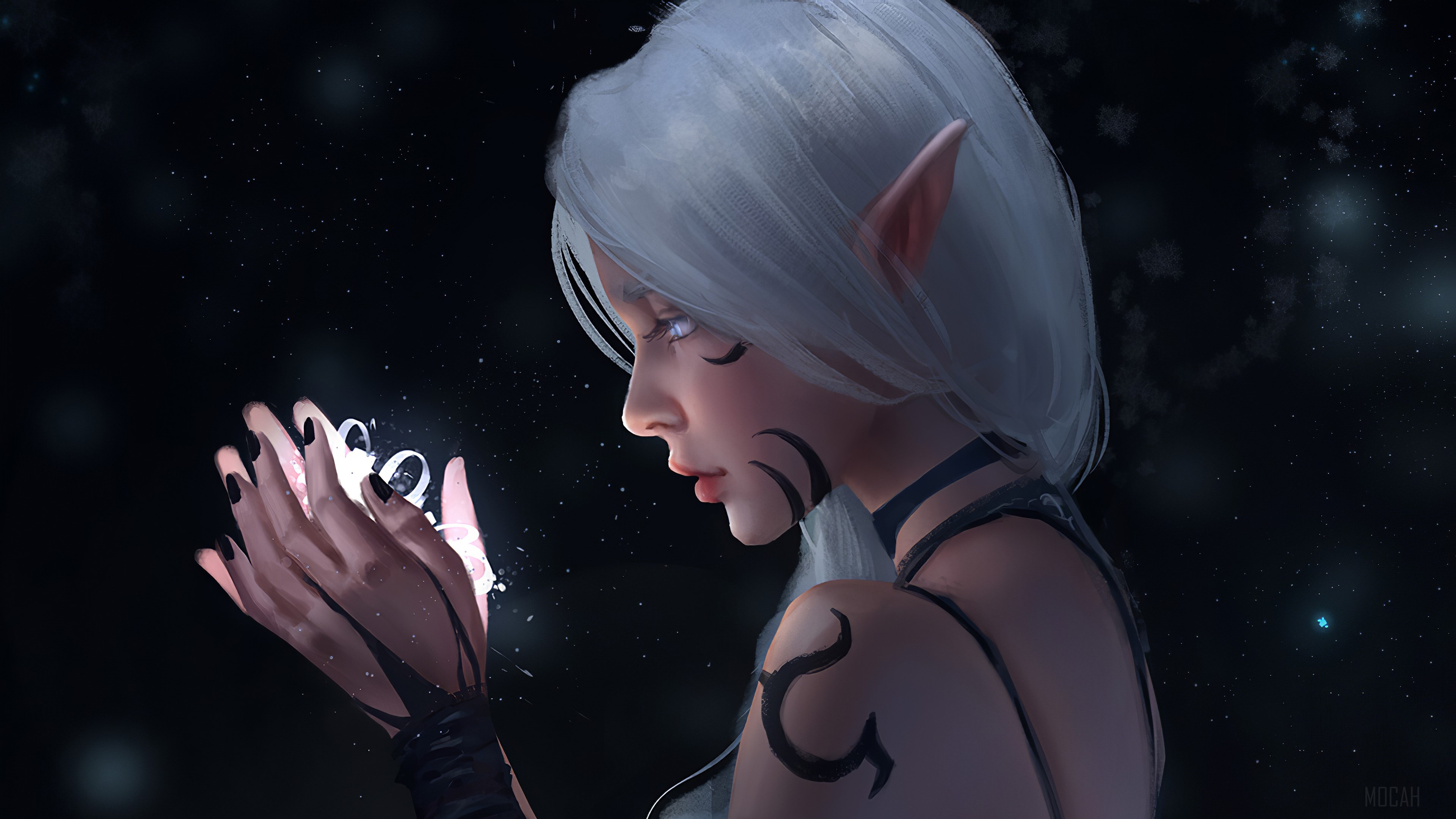 Elf holding glowing object in 4K HD Wallpaper