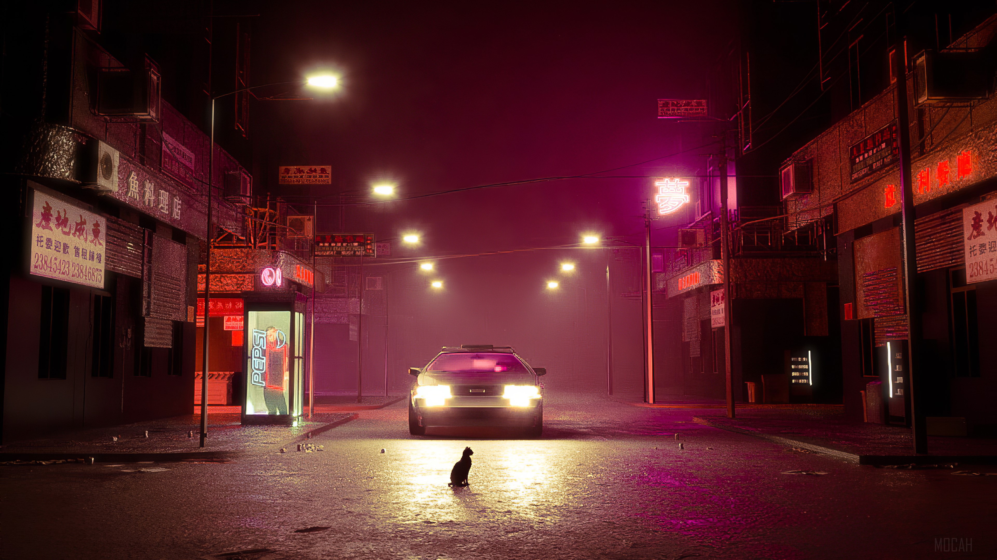 Cat and Delorean on a neon-lit street 4K HD Wallpaper