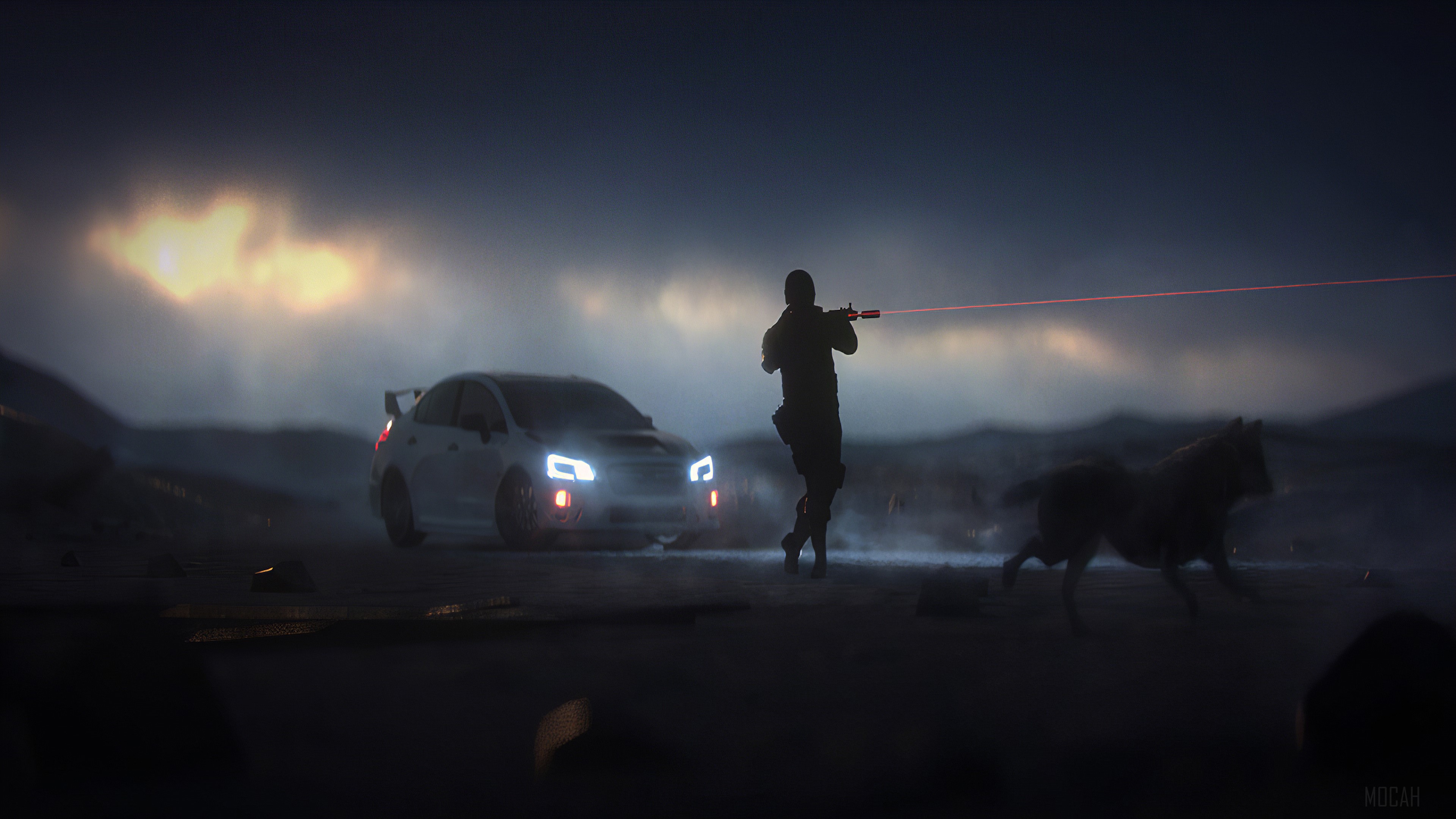 Man with gun and wolf near car HD Wallpaper