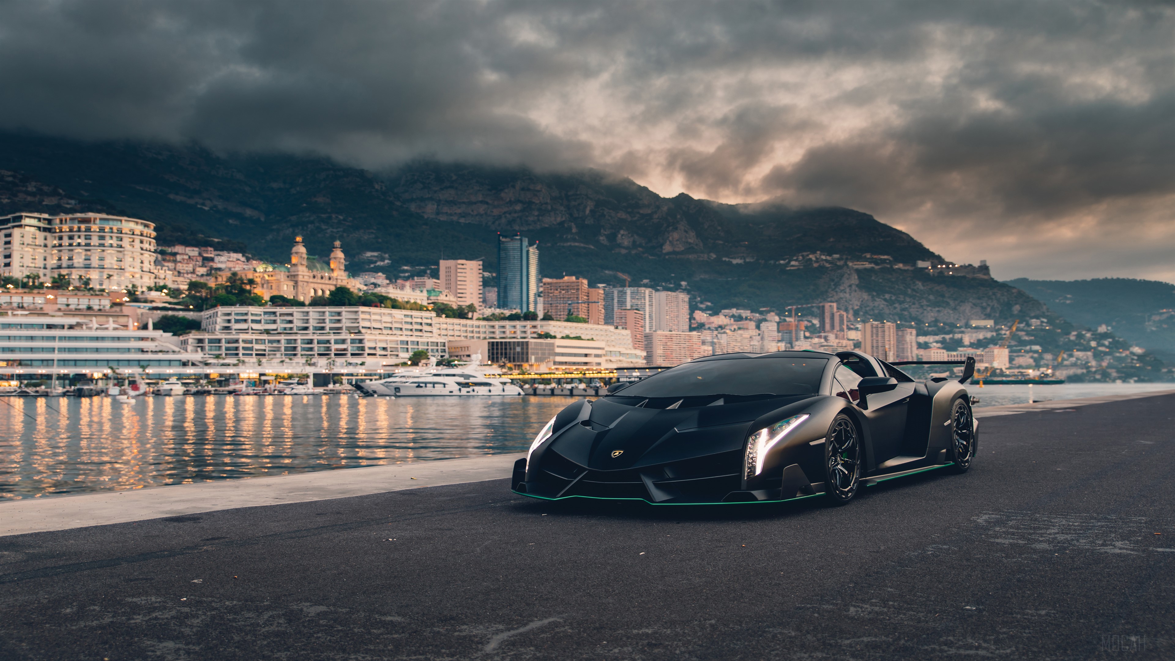 Black Lamborghini Veneno Roadster in Monaco HD Wallpaper