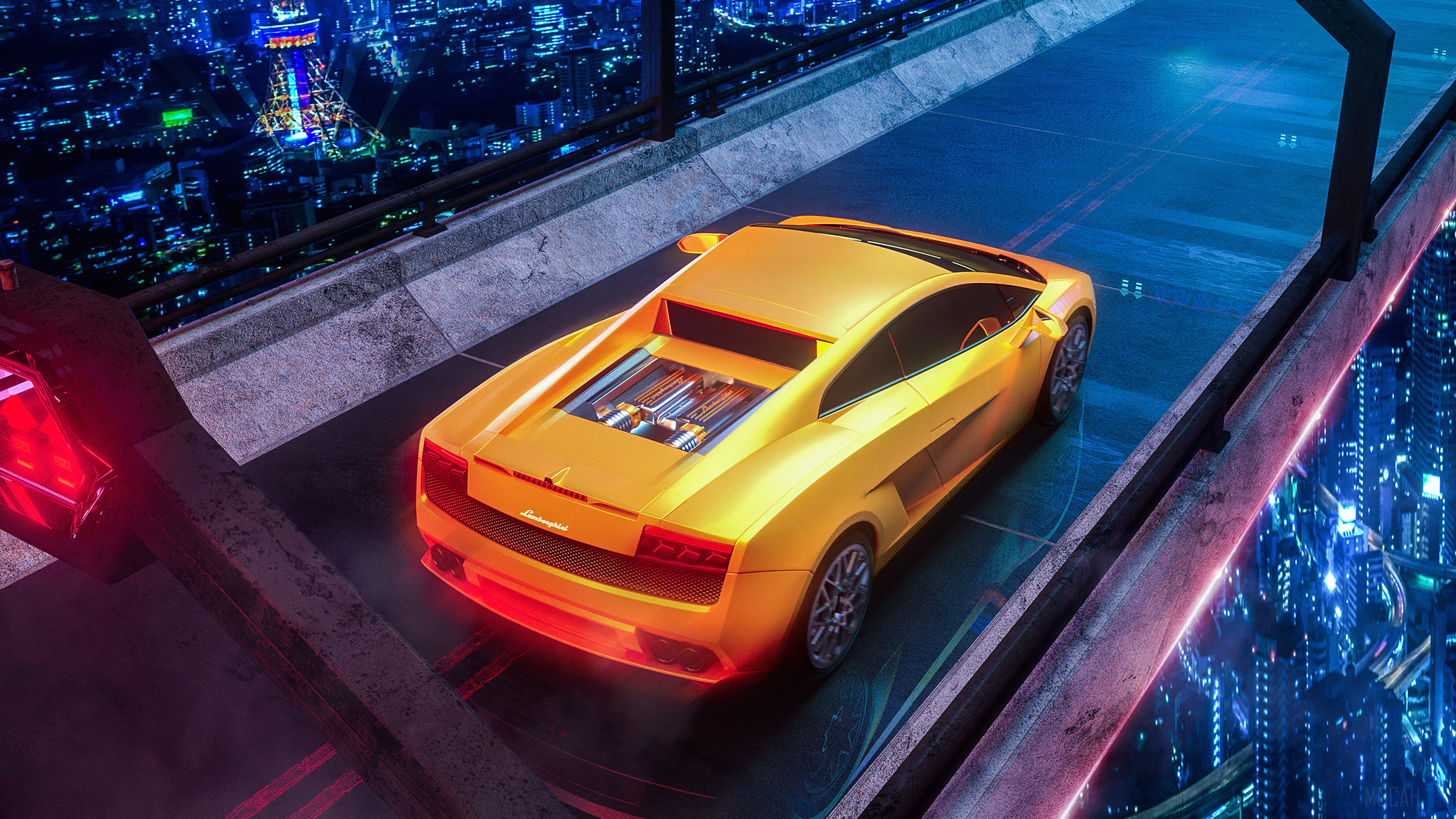 Orange Lamborghini on a futuristic highway at night 4K HD Wallpaper