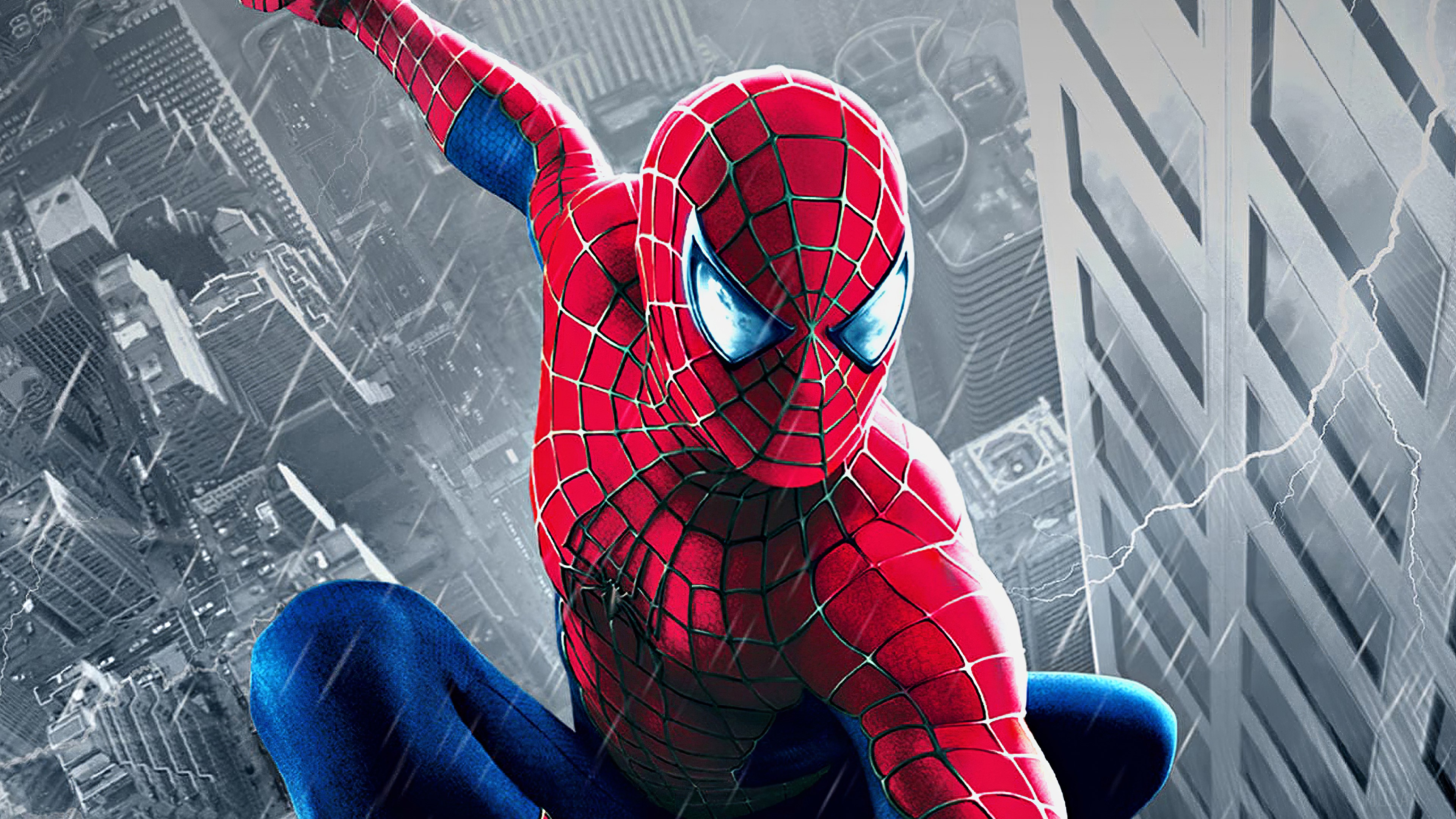 Spider-Man in a city during a storm HD Wallpaper