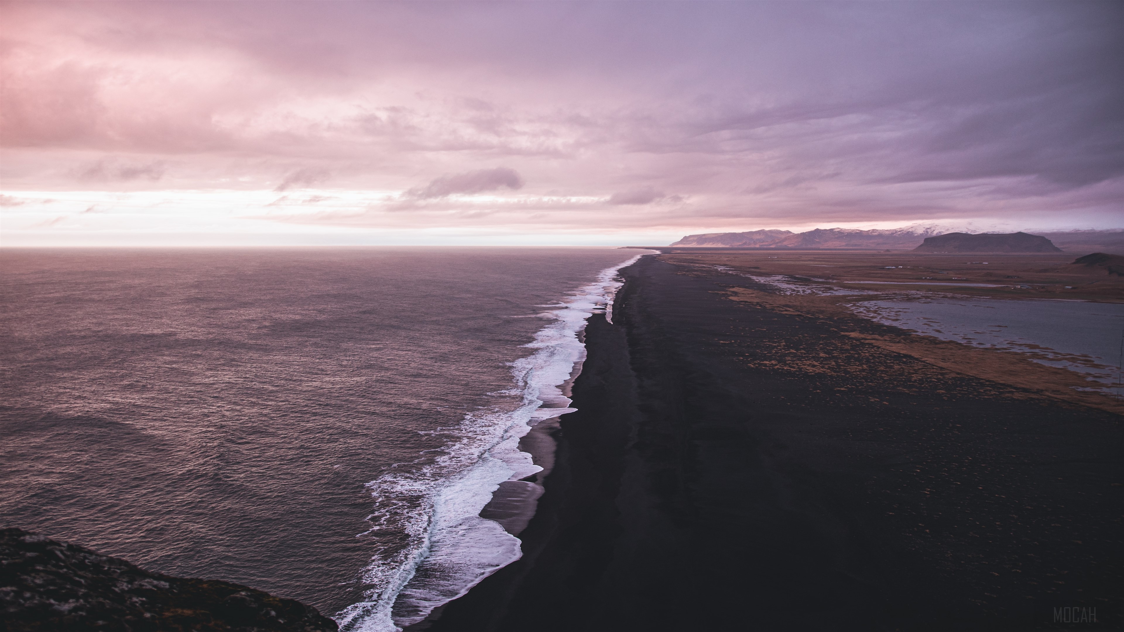 Black Sand Beach with Ocean Waves and Mountains 4K HD Wallpaper