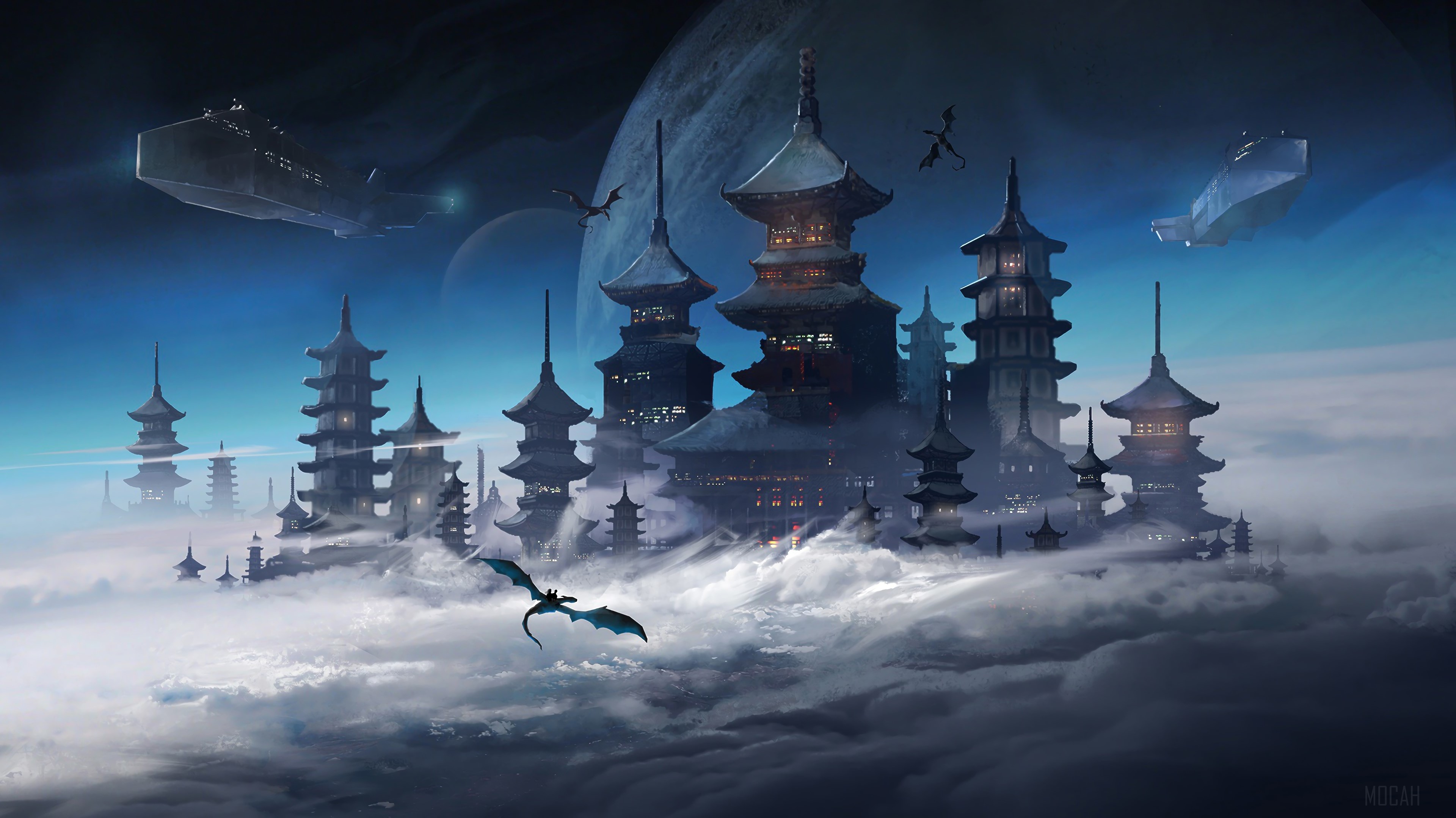Fantasy Sci-Fi Japanese Castle in Clouds 4K HD Wallpaper