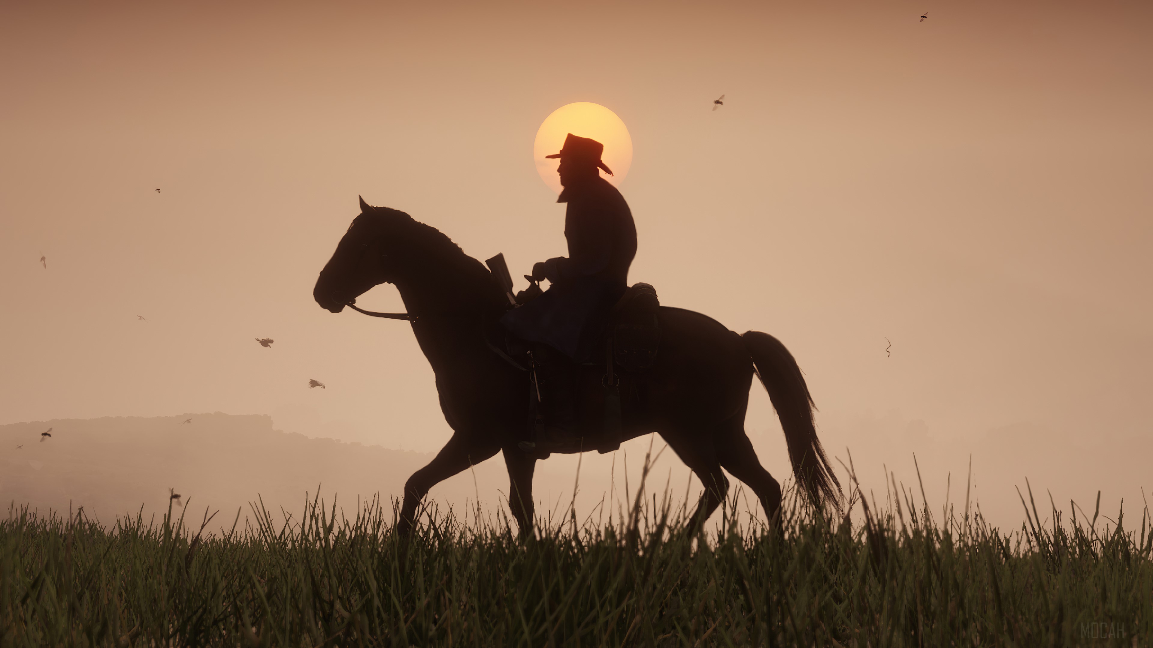 Cowboy on horseback at sunset in Red Dead Redemption 4K HD Wallpaper