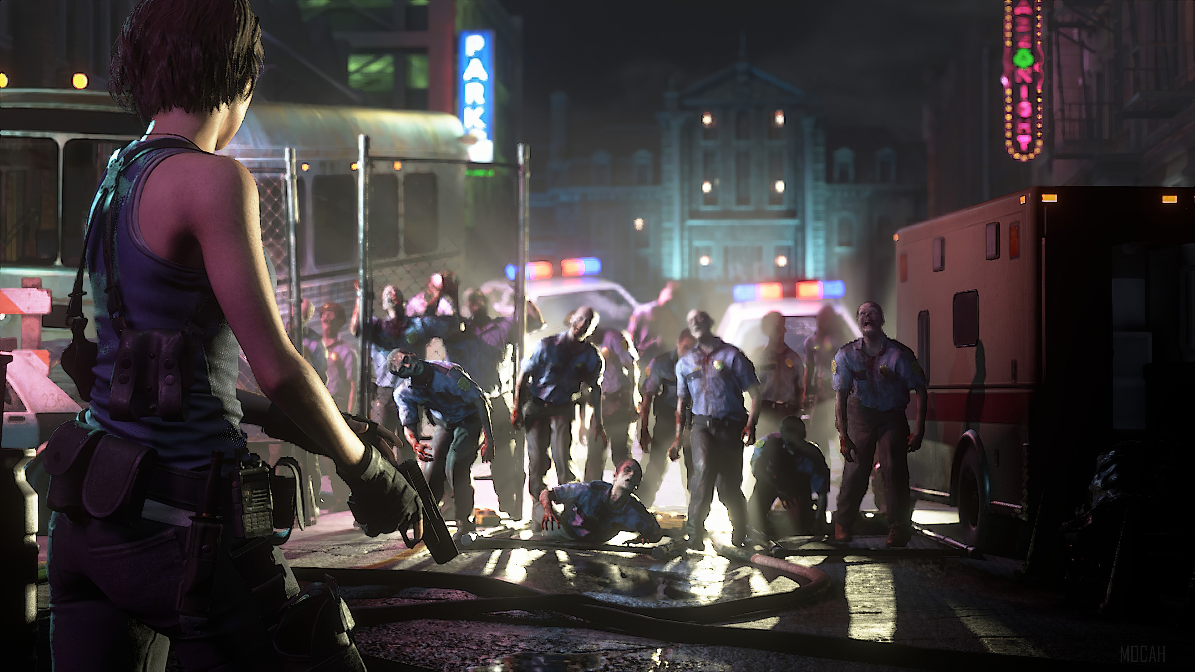 Jill Valentine from Resident Evil 3 in a zombie-infested city street HD Wallpaper