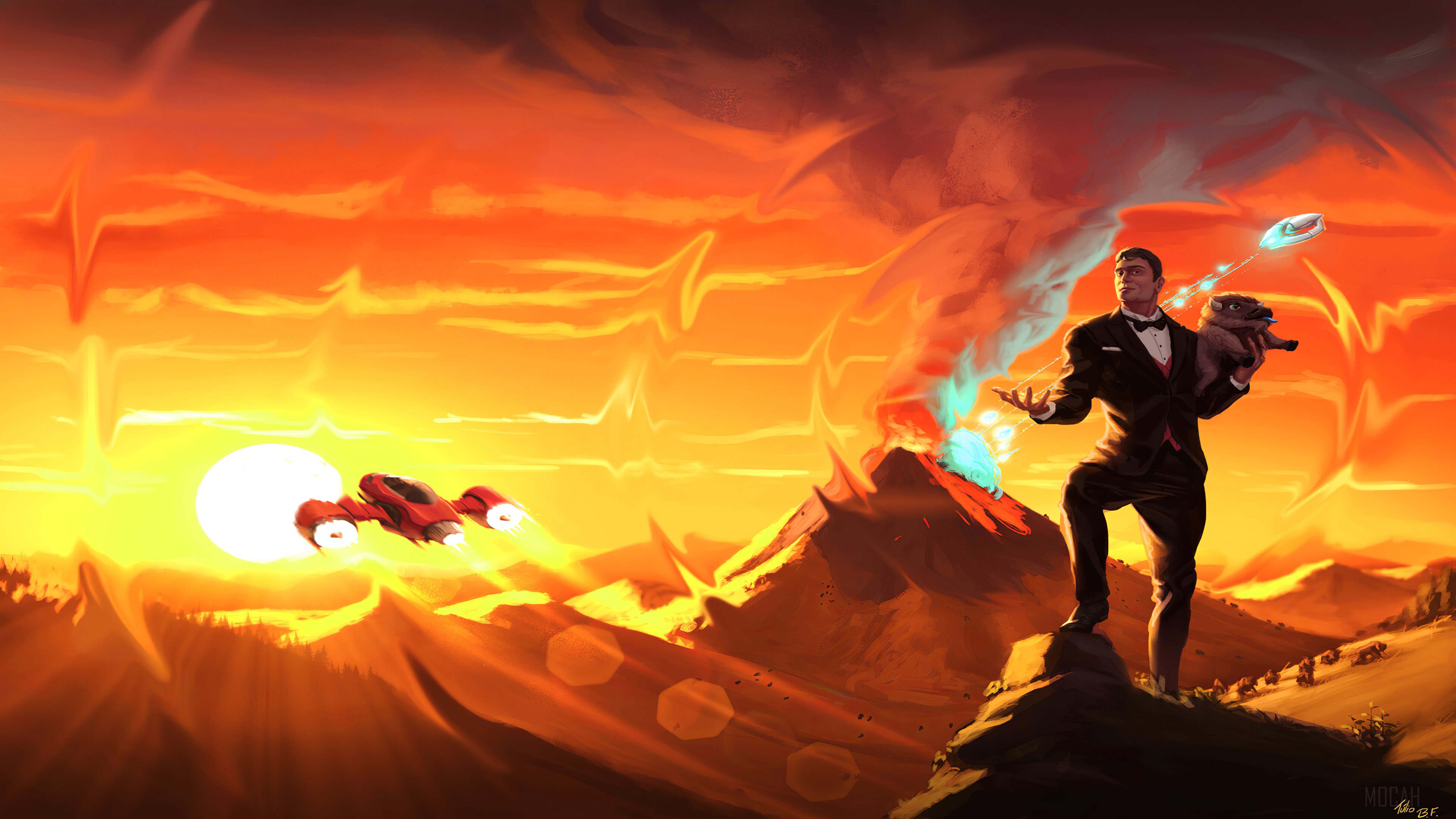 Man in tuxedo holding a creature near a volcano HD Wallpaper