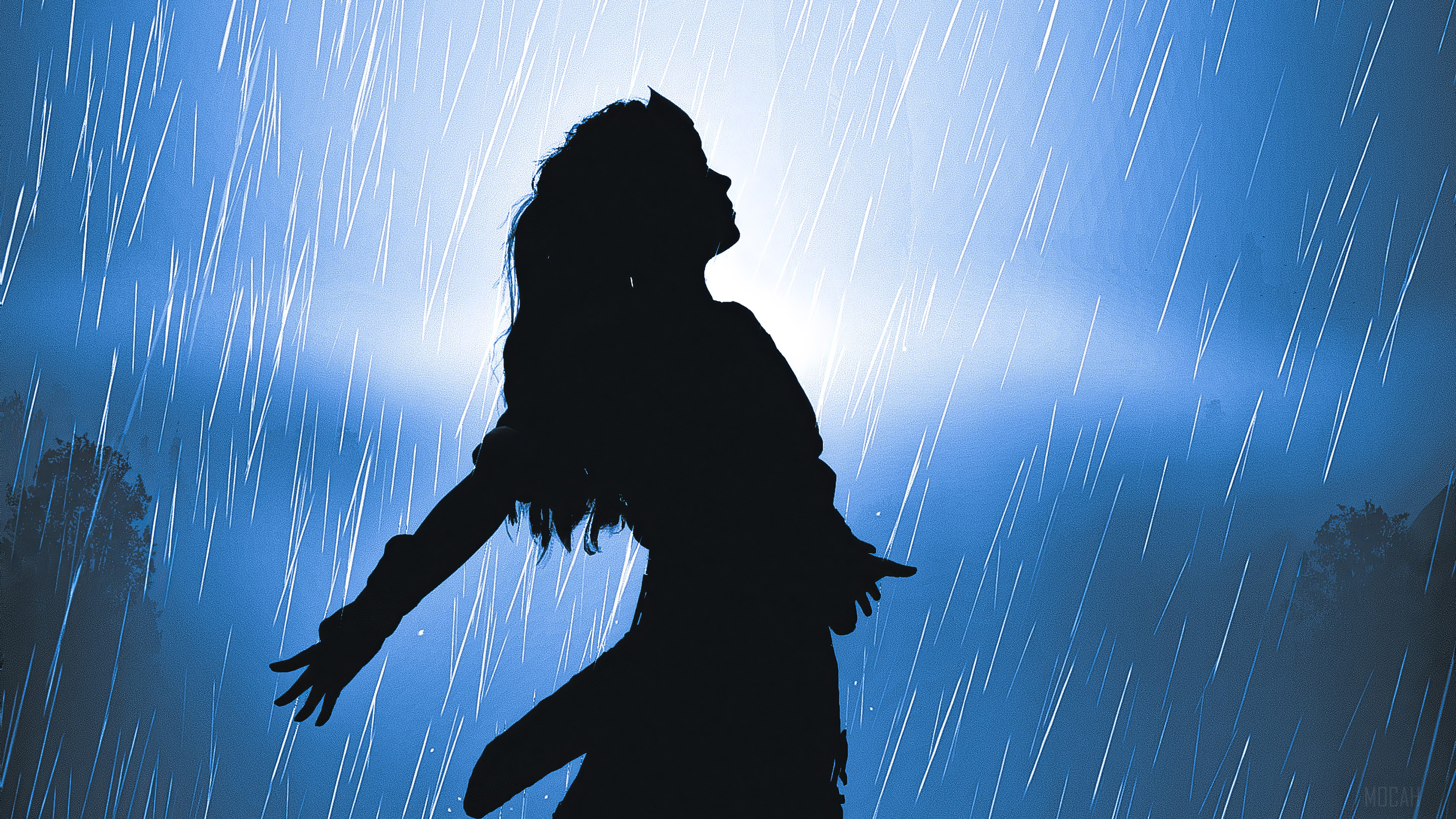 Silhouette of a woman in the rain HD Wallpaper