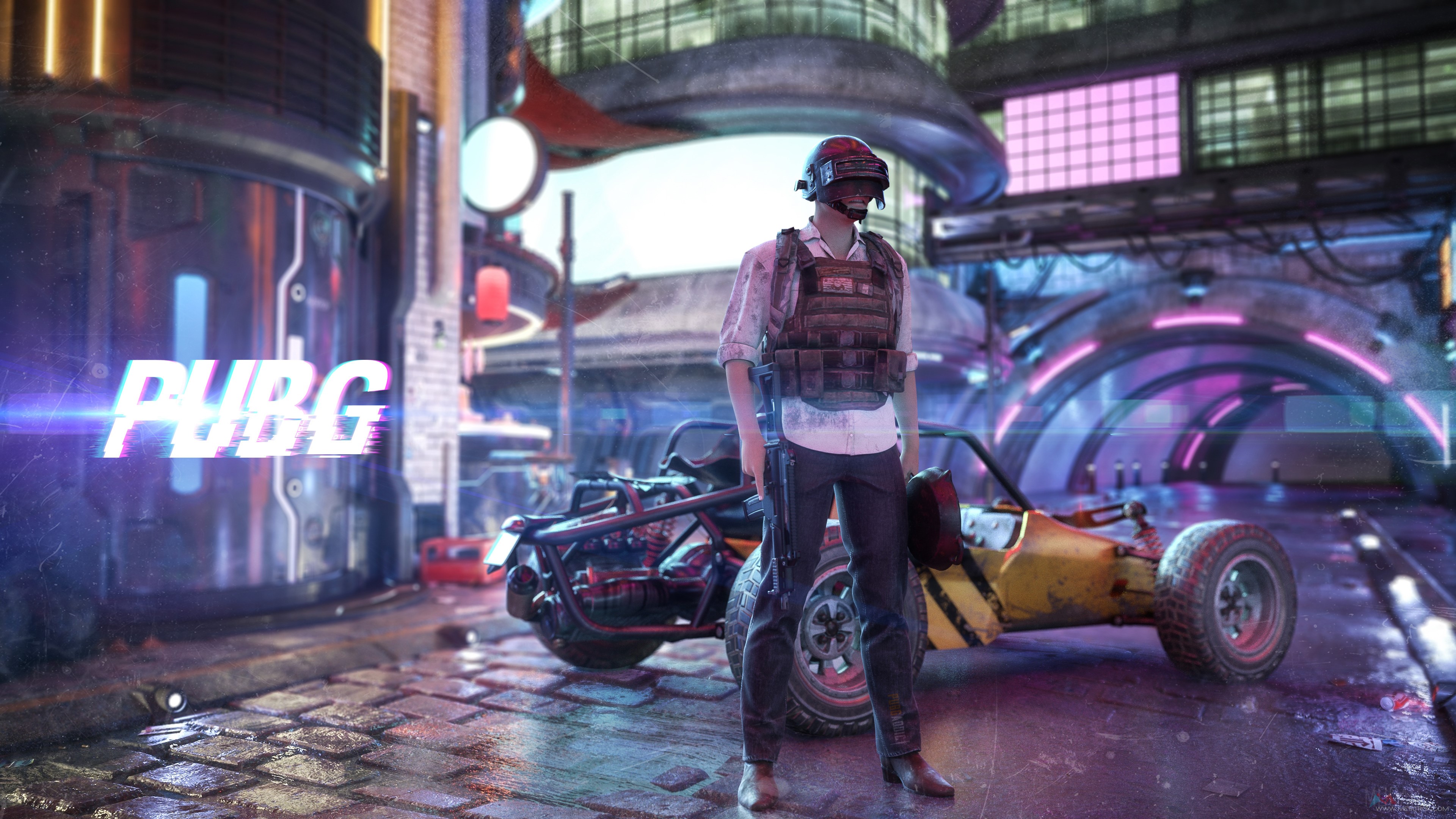 PUBG character with buggy in cyberpunk city 4K HD Wallpaper