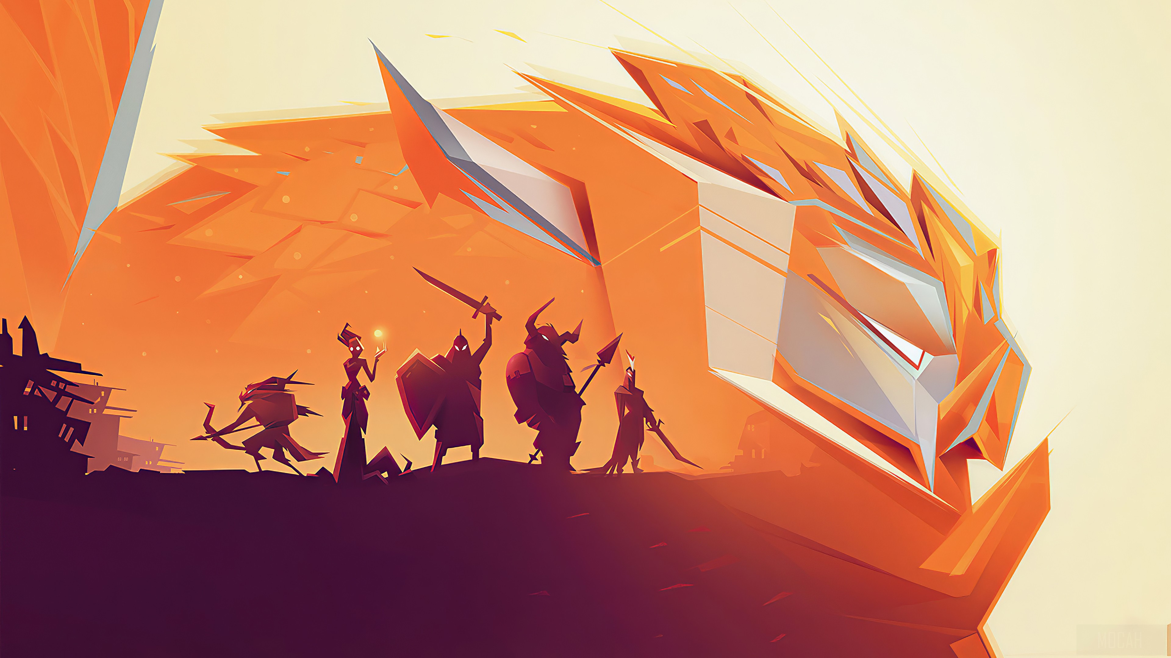 Gigantic Game Characters with Fiery Dragon Face 4K HD Wallpaper