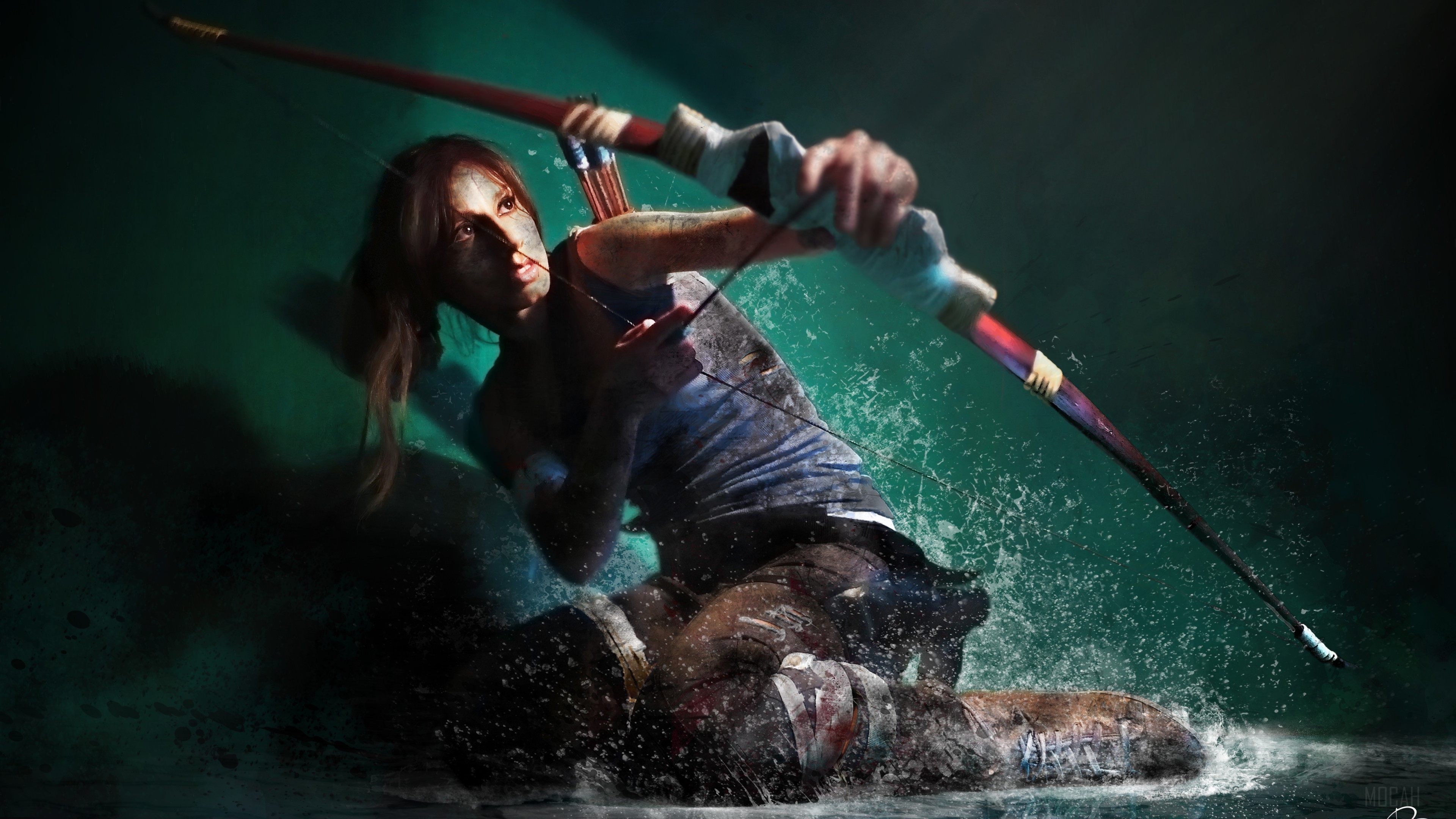 Lara Croft from Tomb Raider aiming a bow and arrow HD Wallpaper
