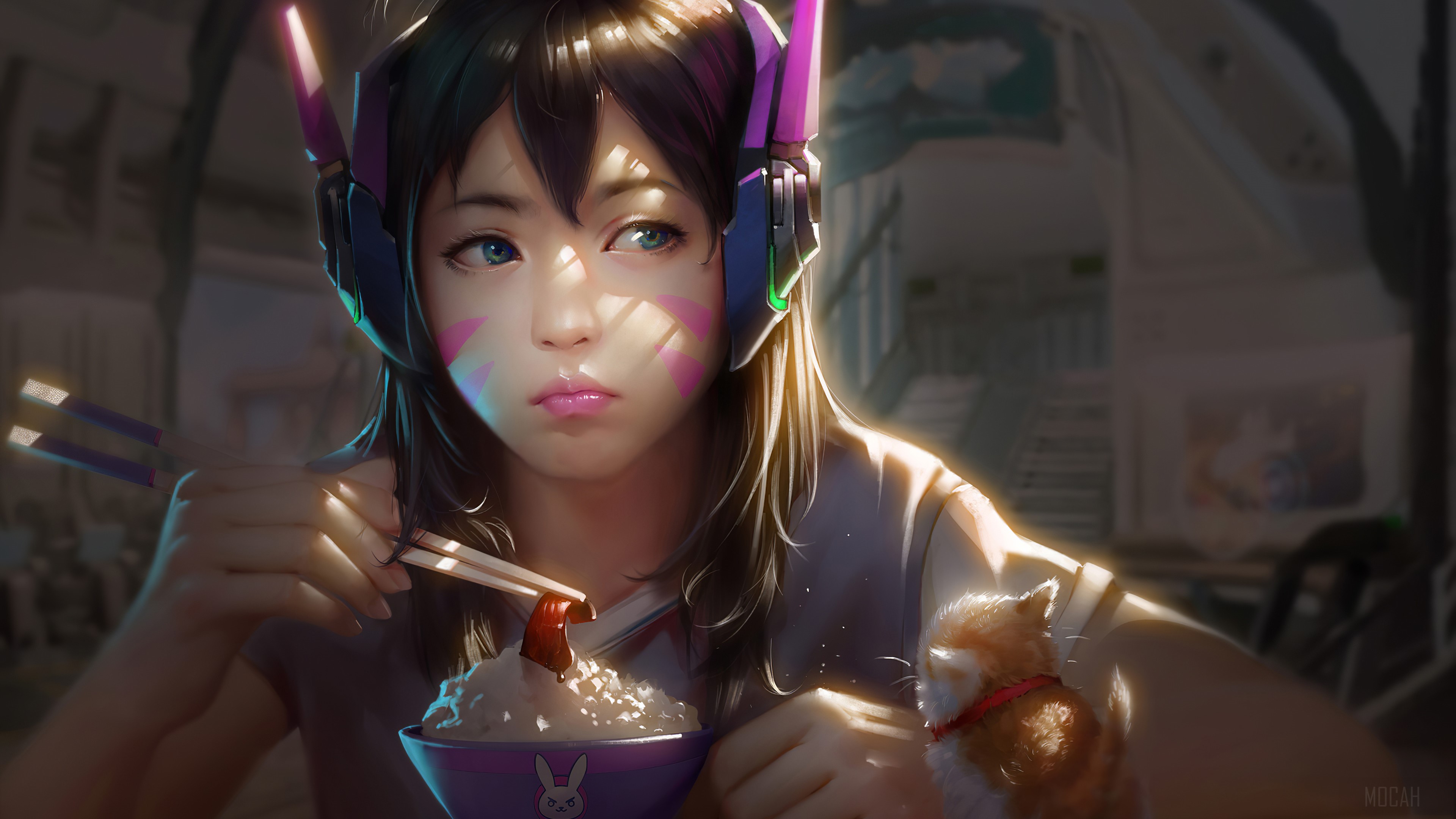 D.Va from Overwatch eating rice with a kitten HD Wallpaper
