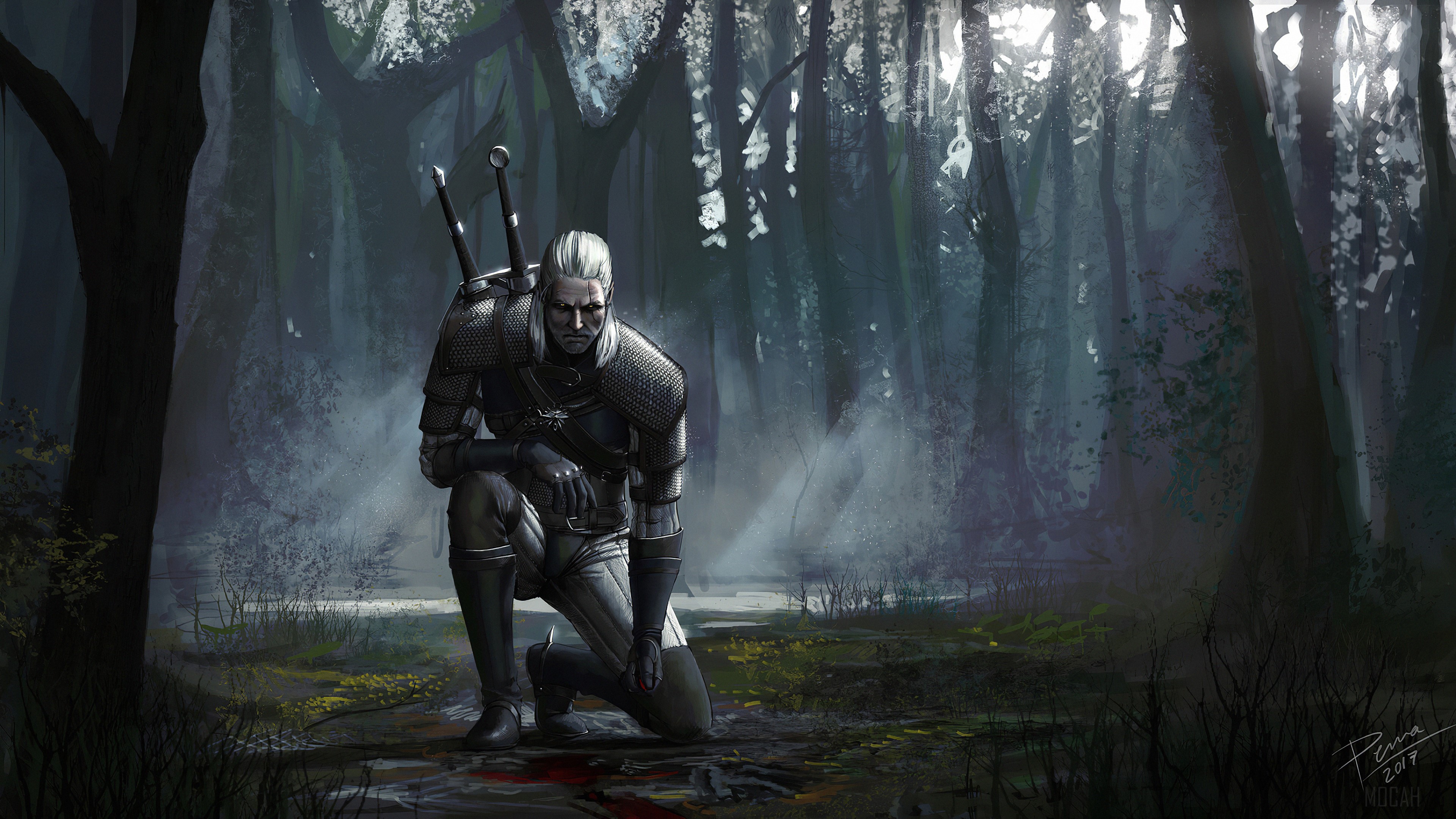 Geralt of Rivia from The Witcher in a forest HD Wallpaper