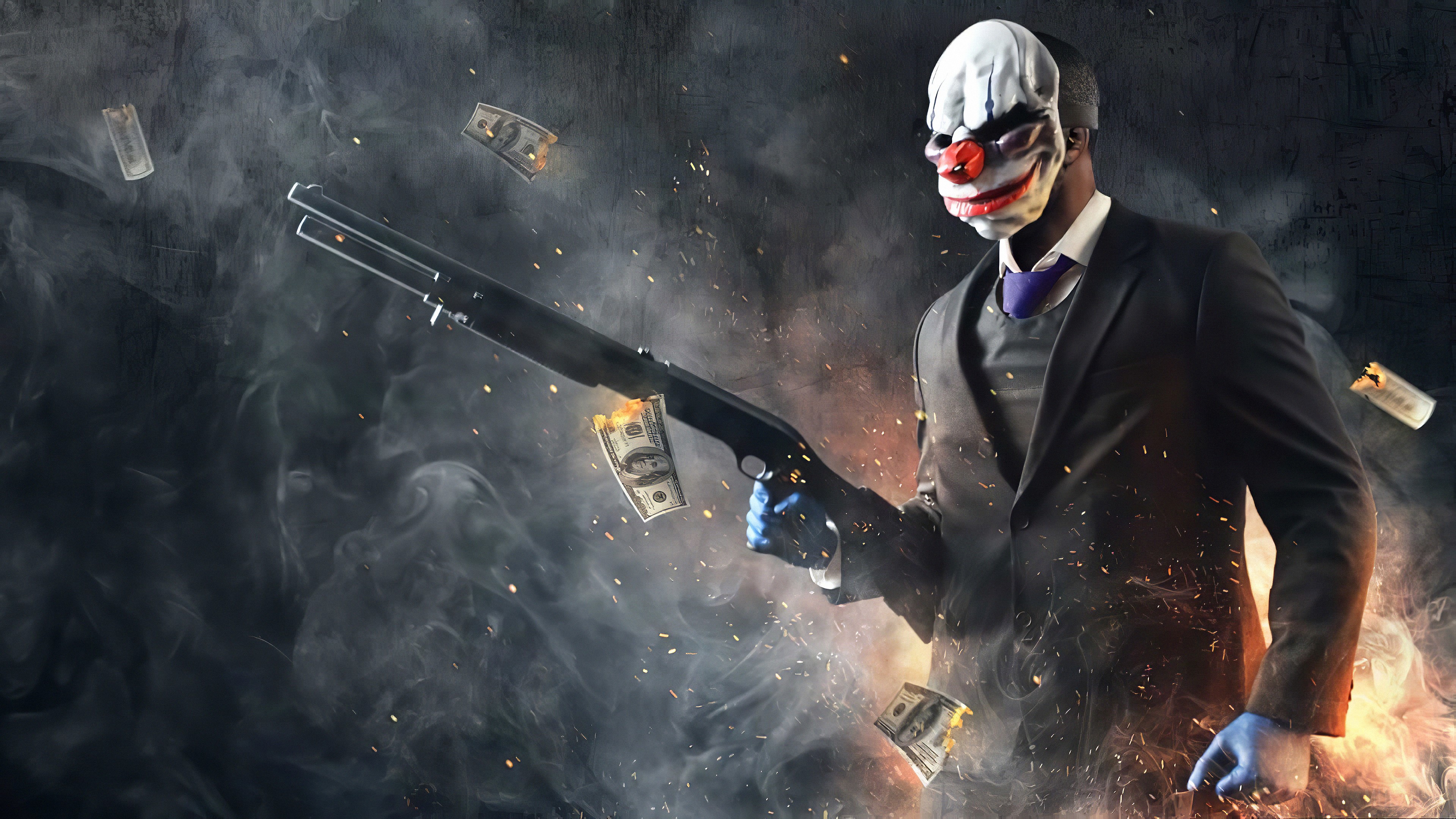 Payday 2 Clown Masked Man with Shotgun and Money 4K HD Wallpaper