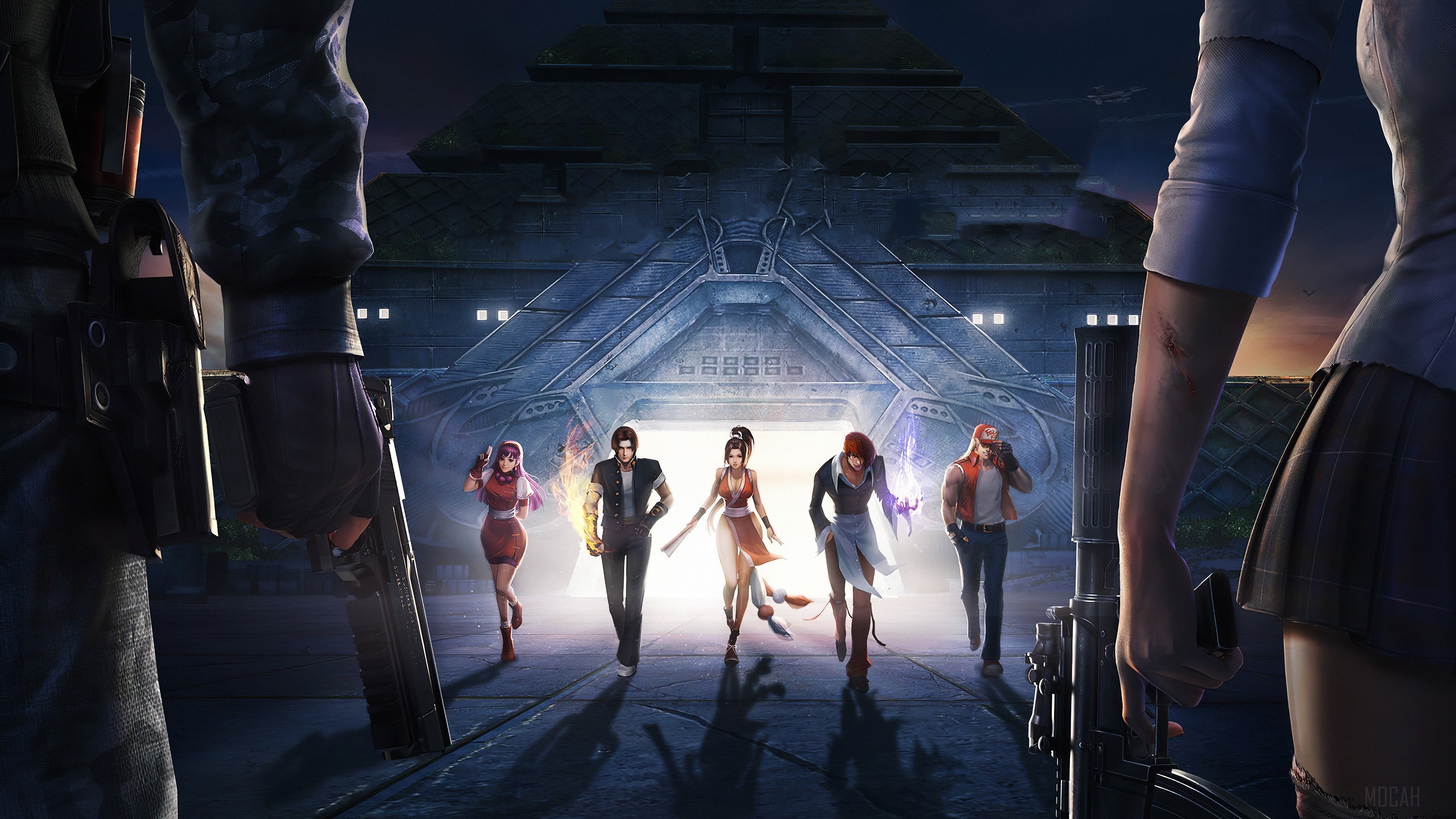 Characters in front of a pyramid structure HD Wallpaper