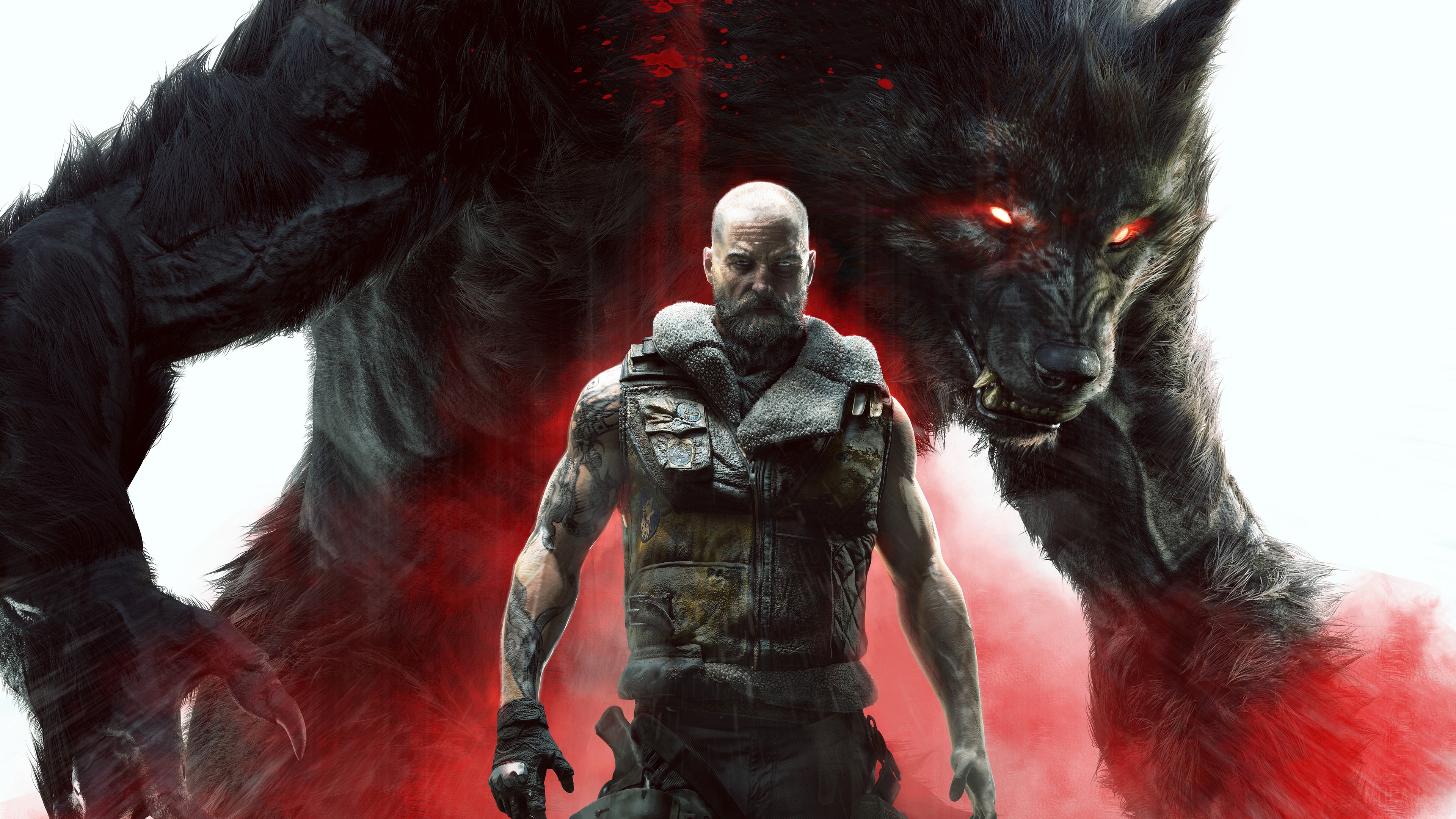 Earthblood Werewolf and Warrior in Red Mist 4K HD Wallpaper