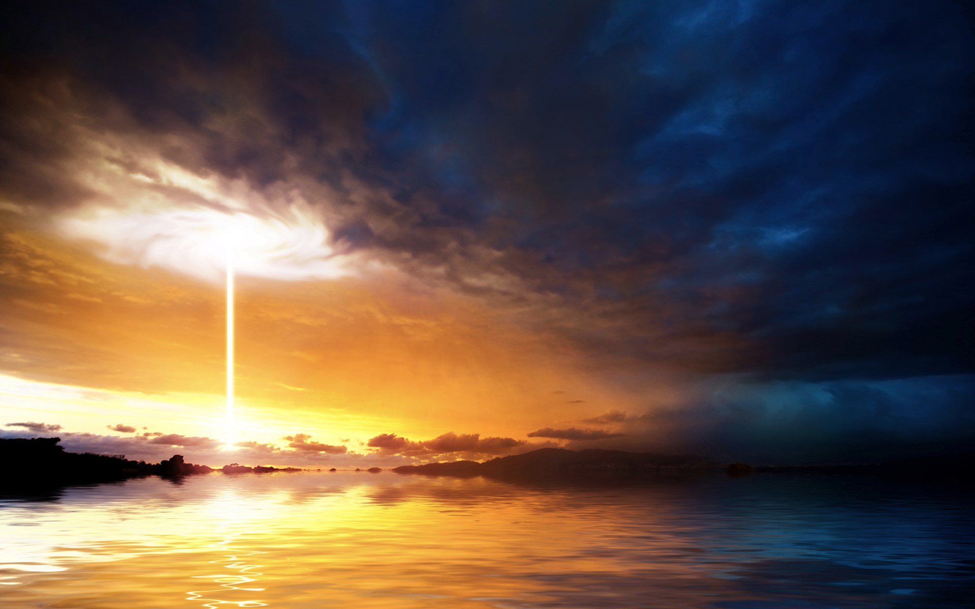 Beam of light from sky to water at sunset HD Wallpaper