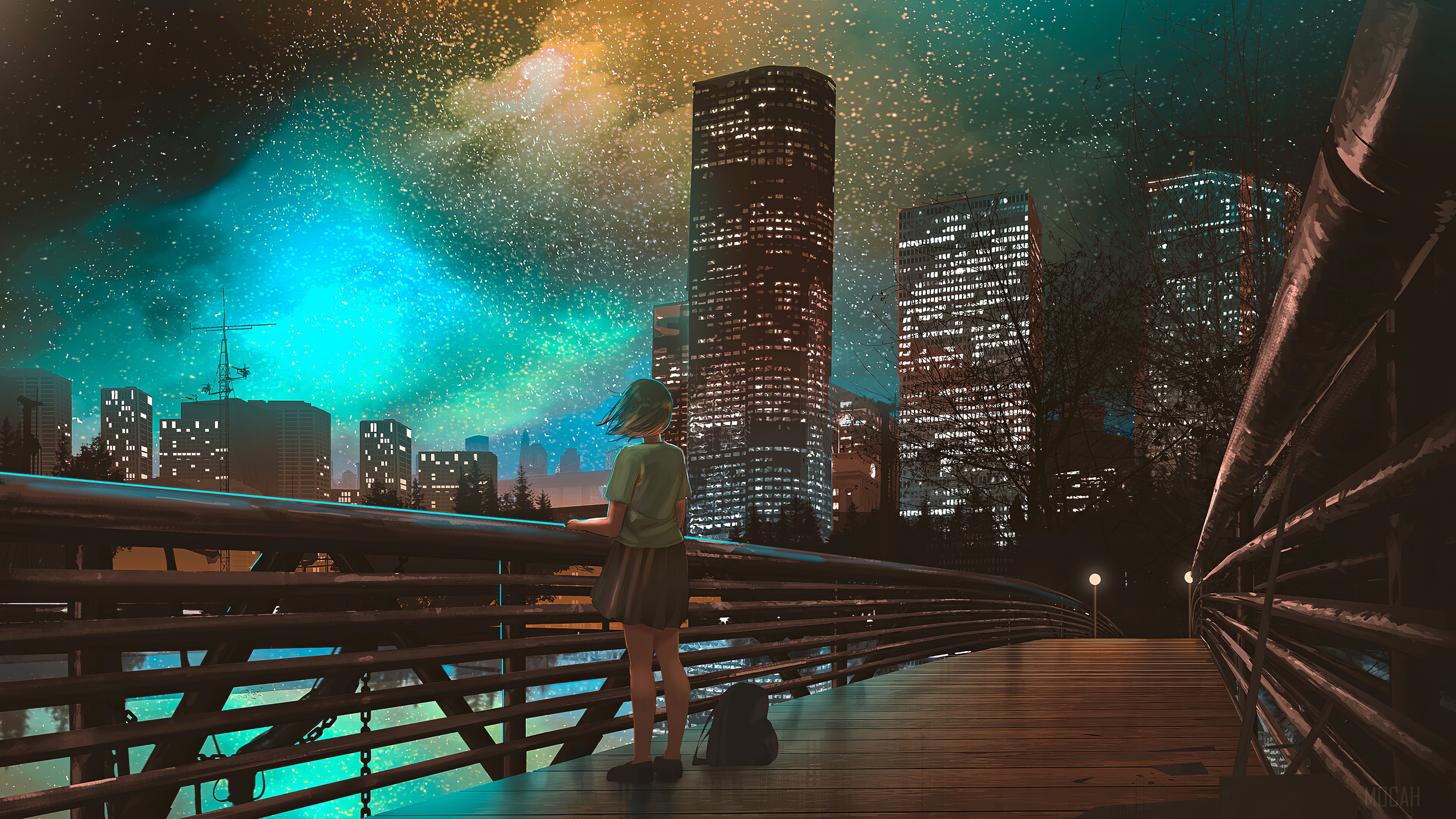 Anime girl looking at city skyline under starry sky 4K HD Wallpaper