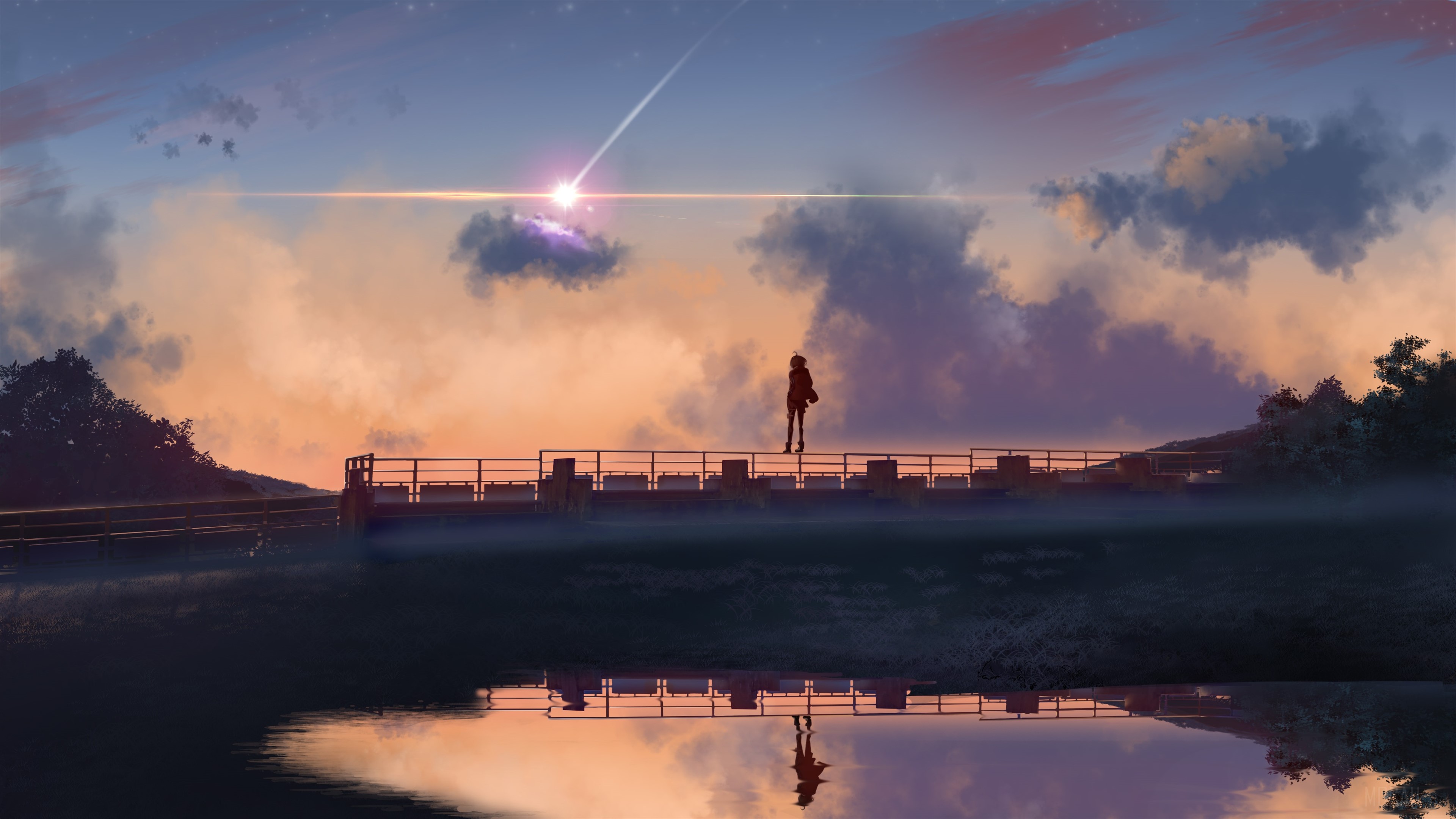 Anime boy on bridge watching meteor shower 4K HD Wallpaper