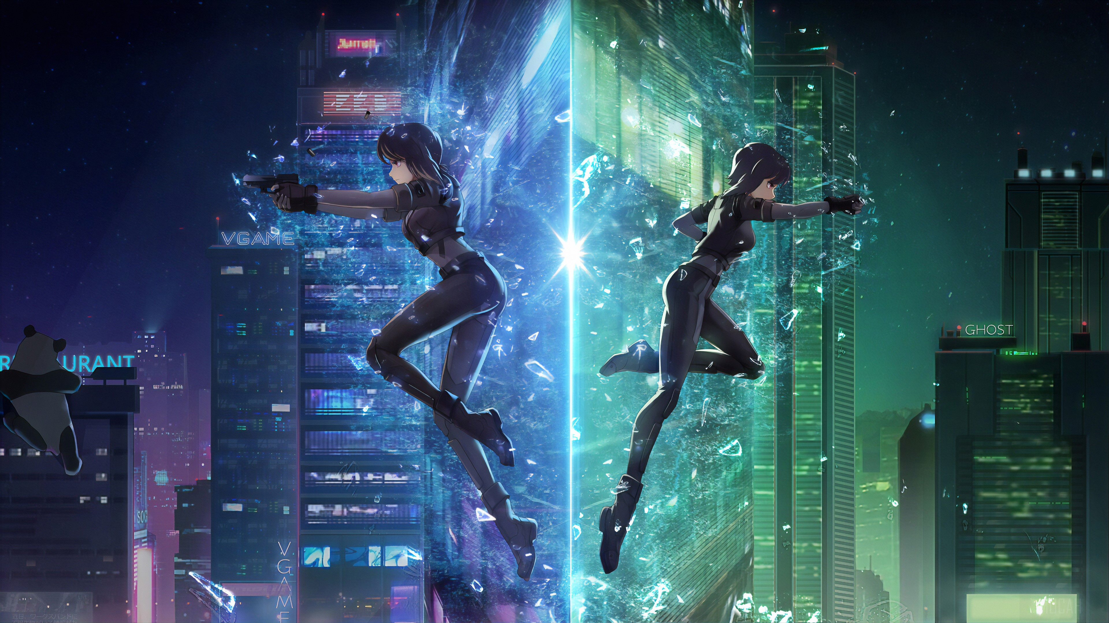 Two anime girls in cyberpunk city 4K HD Wallpaper