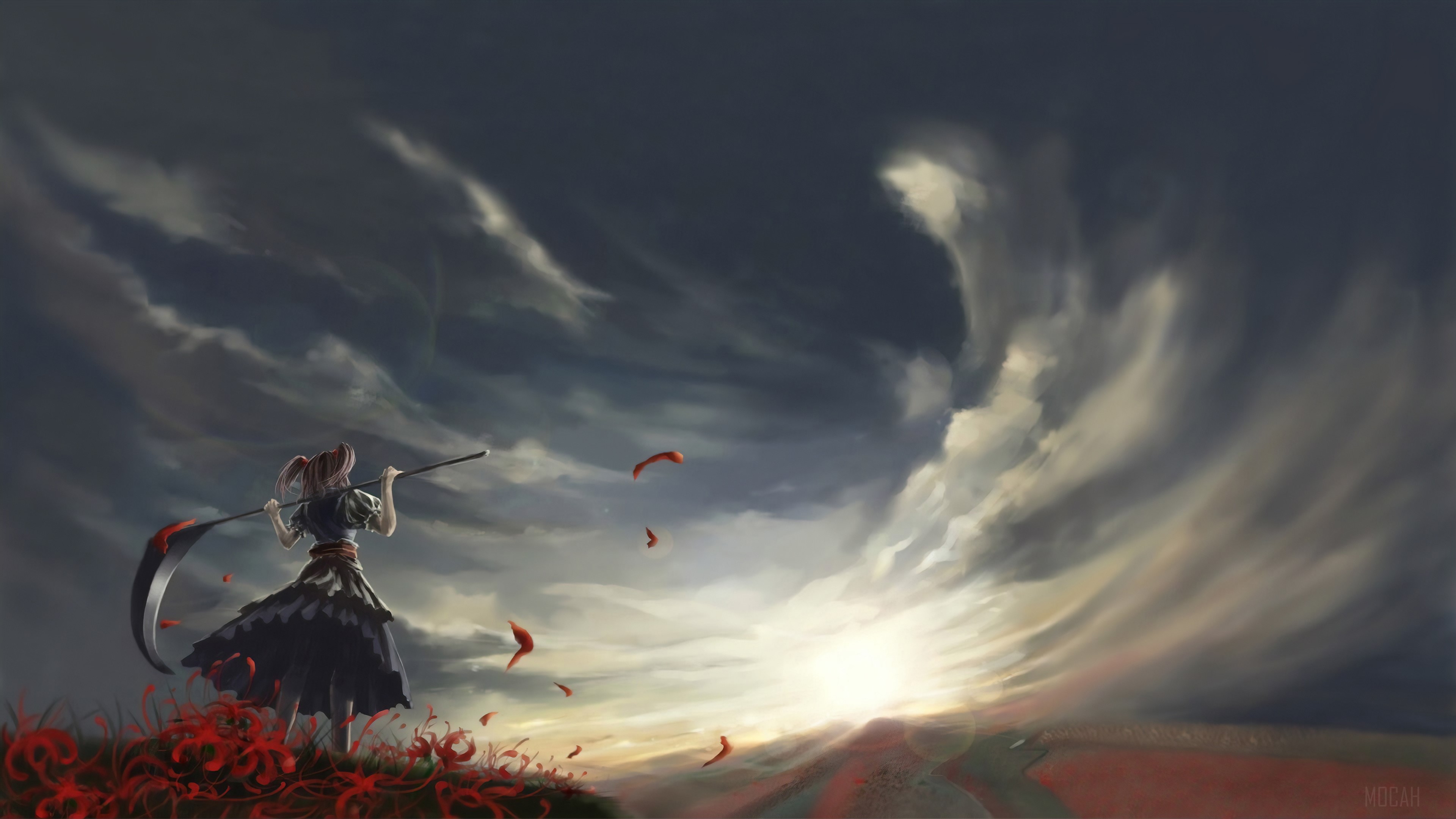 Anime Girl Near Red Flowers at Sunset 4K HD Wallpaper