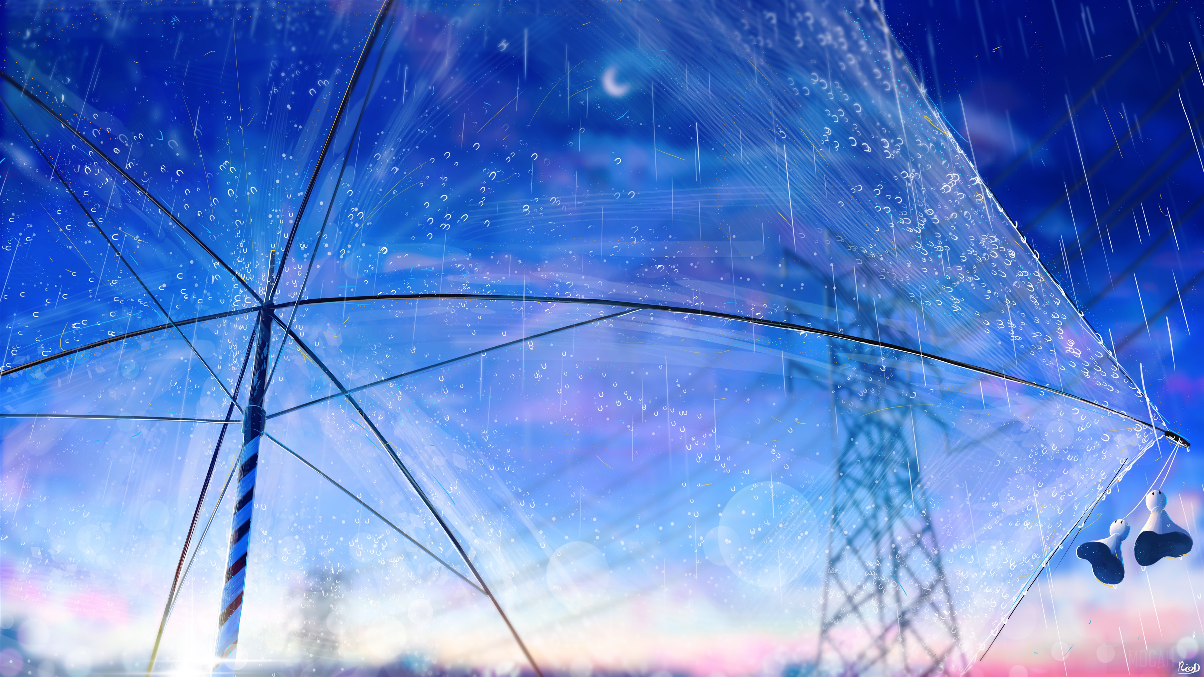 Anime Umbrella in Rain with Power Lines 4K HD Wallpaper